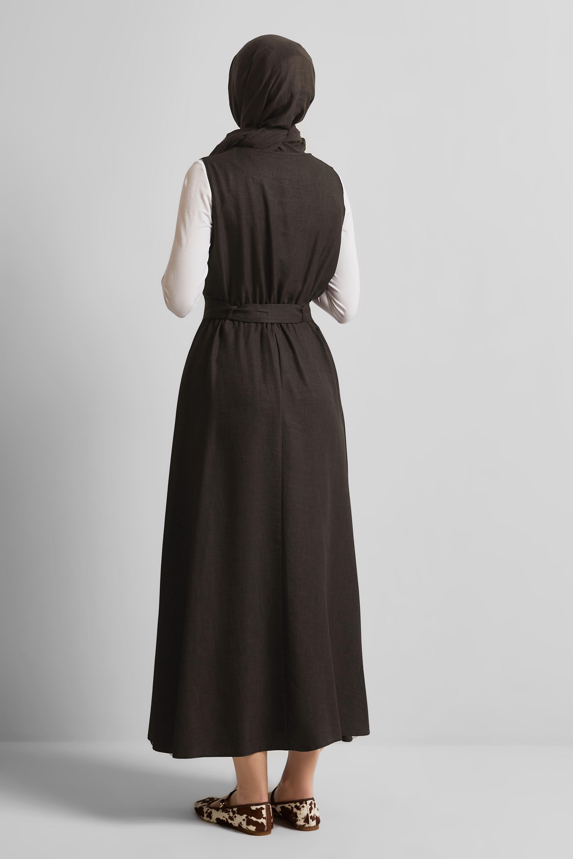 Tesettür giyim KAHVE KEMERLİ JİLE ELBİSE 44668