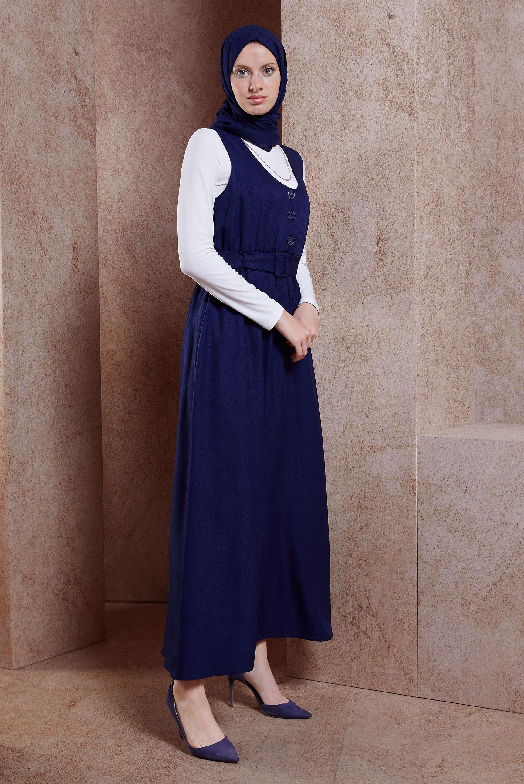 Tesettür giyim LACİVERT KEMERLİ JİLE ELBİSE 44668