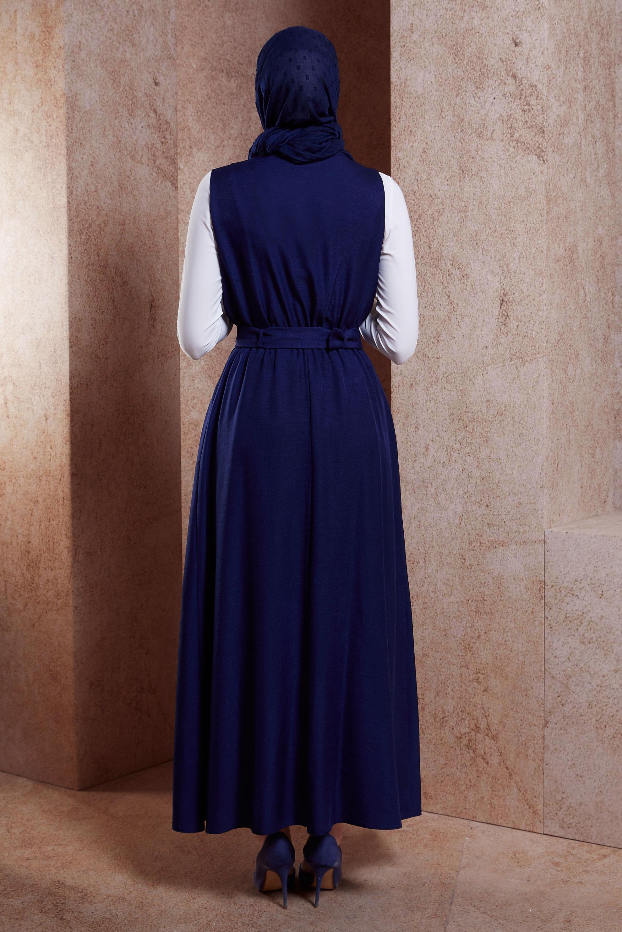 Tesettür giyim LACİVERT KEMERLİ JİLE ELBİSE 44668