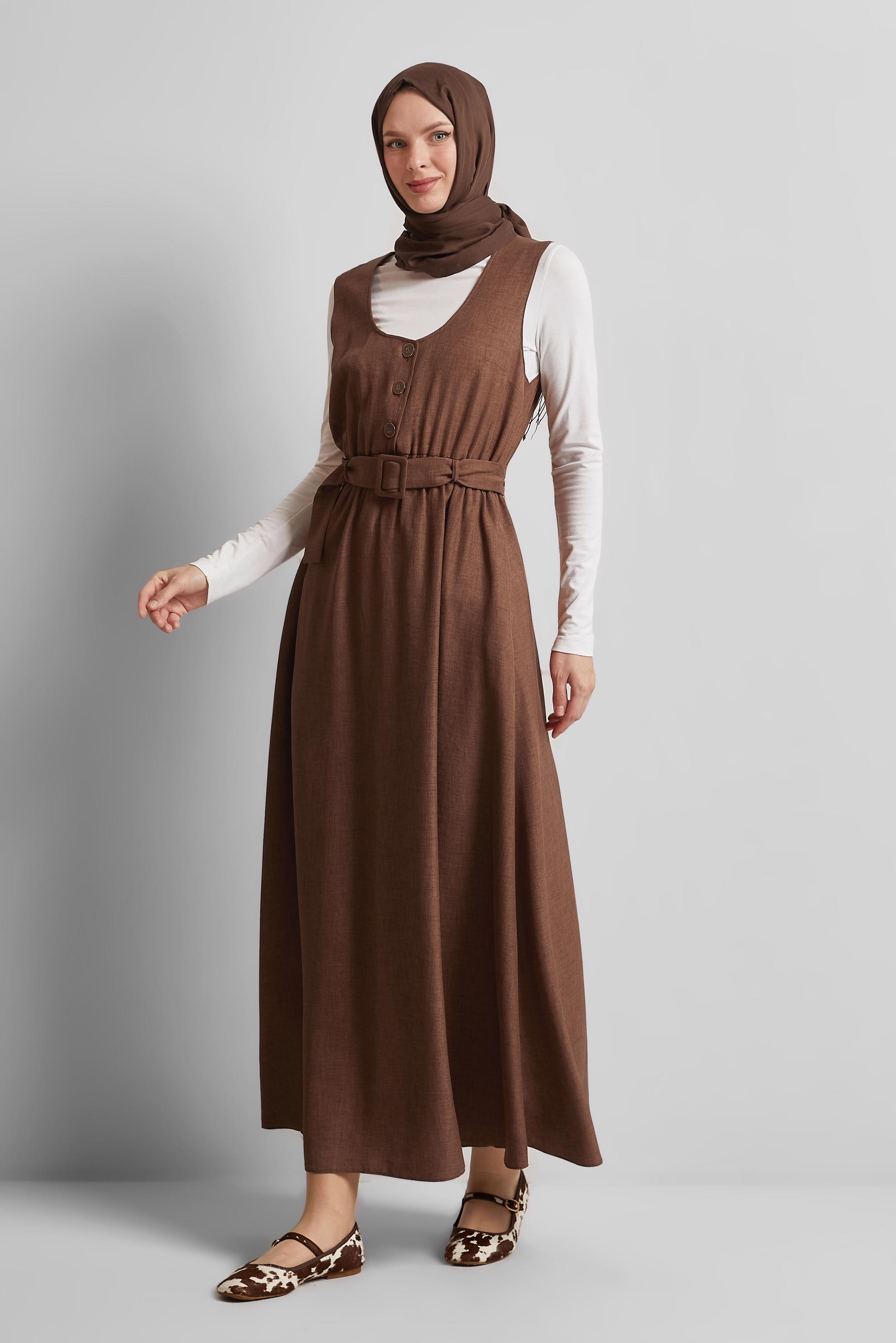 Tesettür giyim TABA KEMERLİ JİLE ELBİSE 44668
