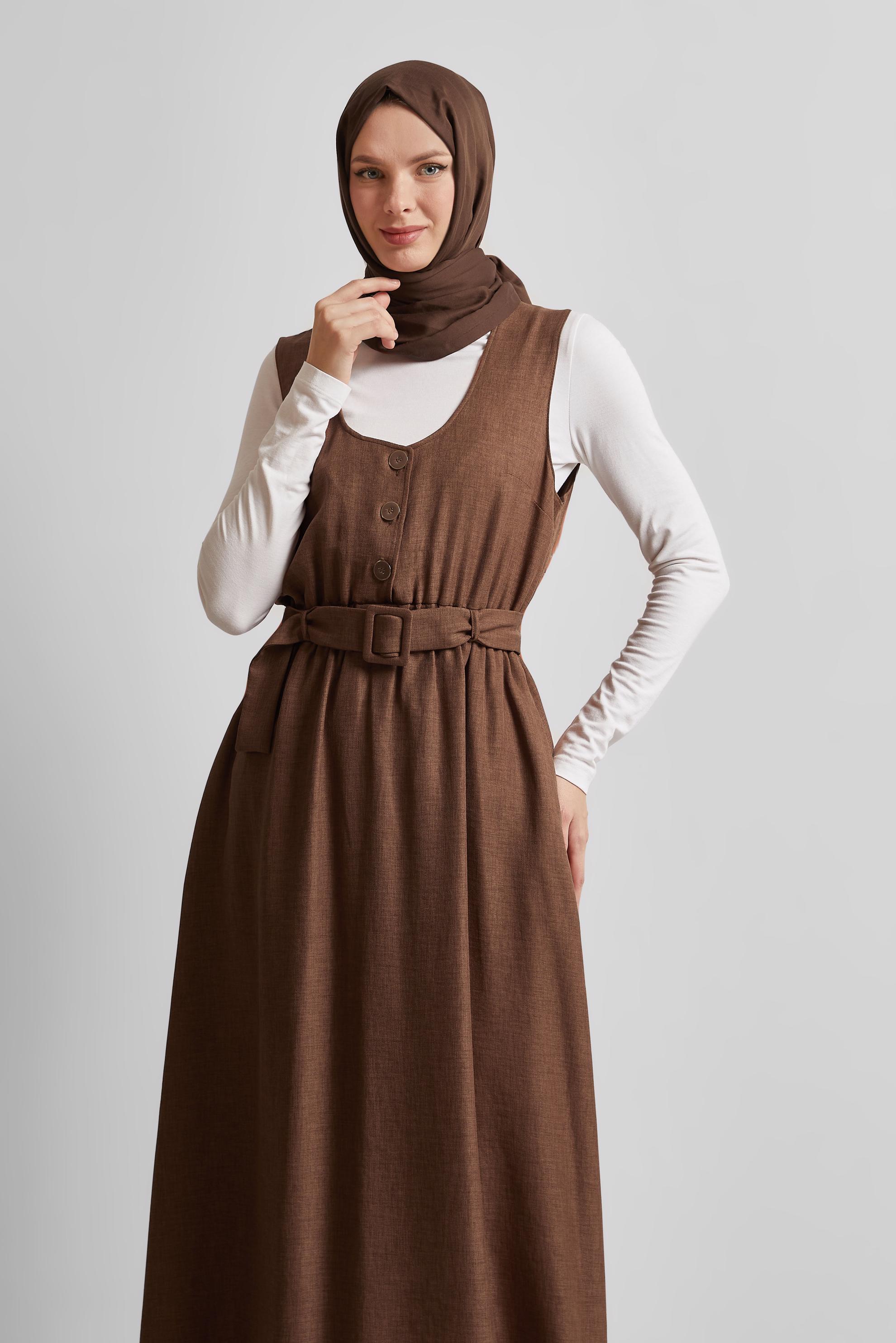Tesettür giyim TABA KEMERLİ JİLE ELBİSE 44668