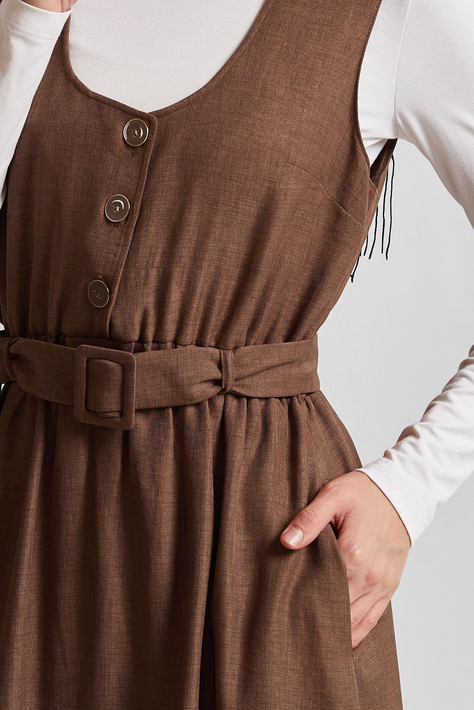 Tesettür giyim TABA KEMERLİ JİLE ELBİSE 44668