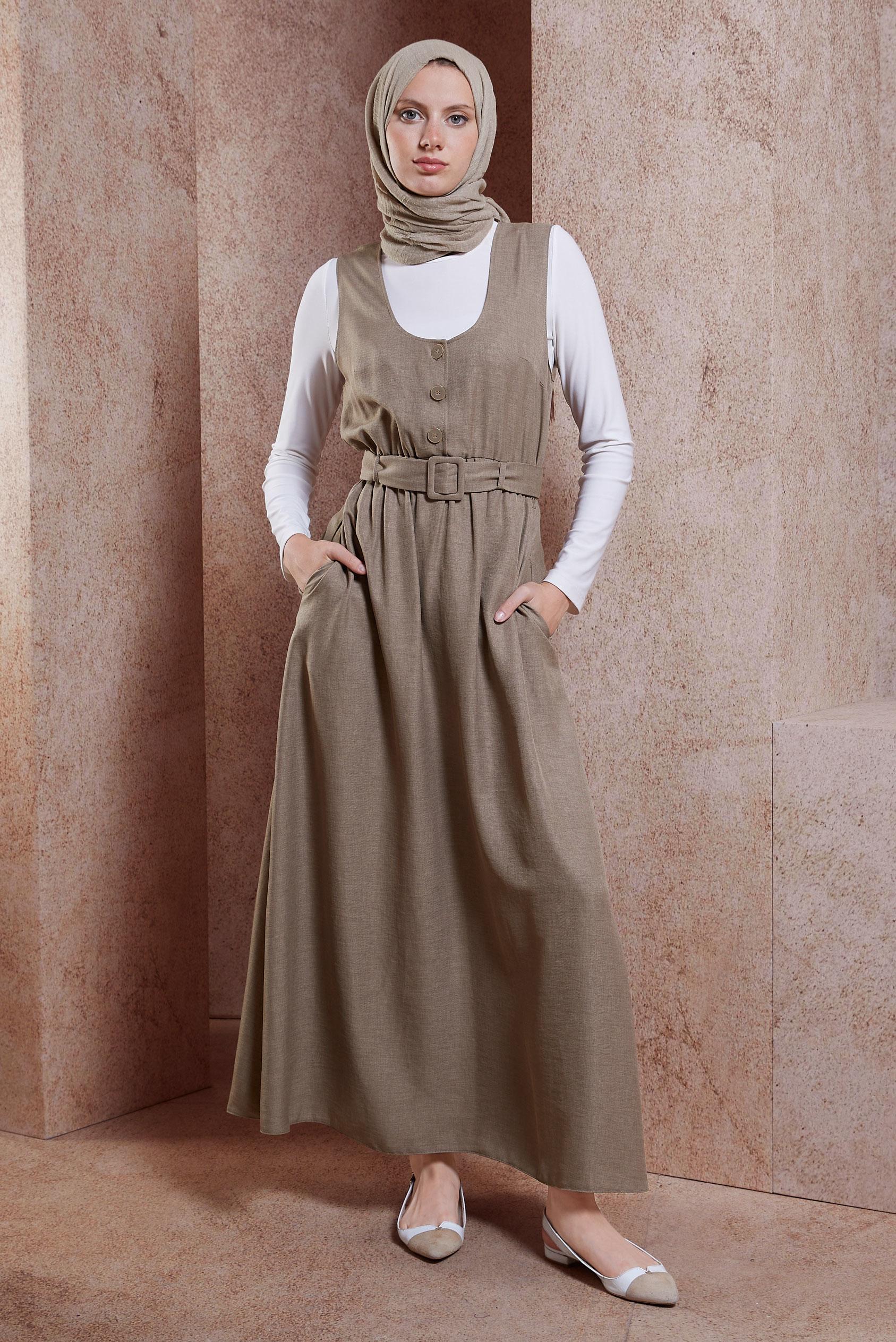 Tesettür giyim VİZON KEMERLİ JİLE ELBİSE 44668