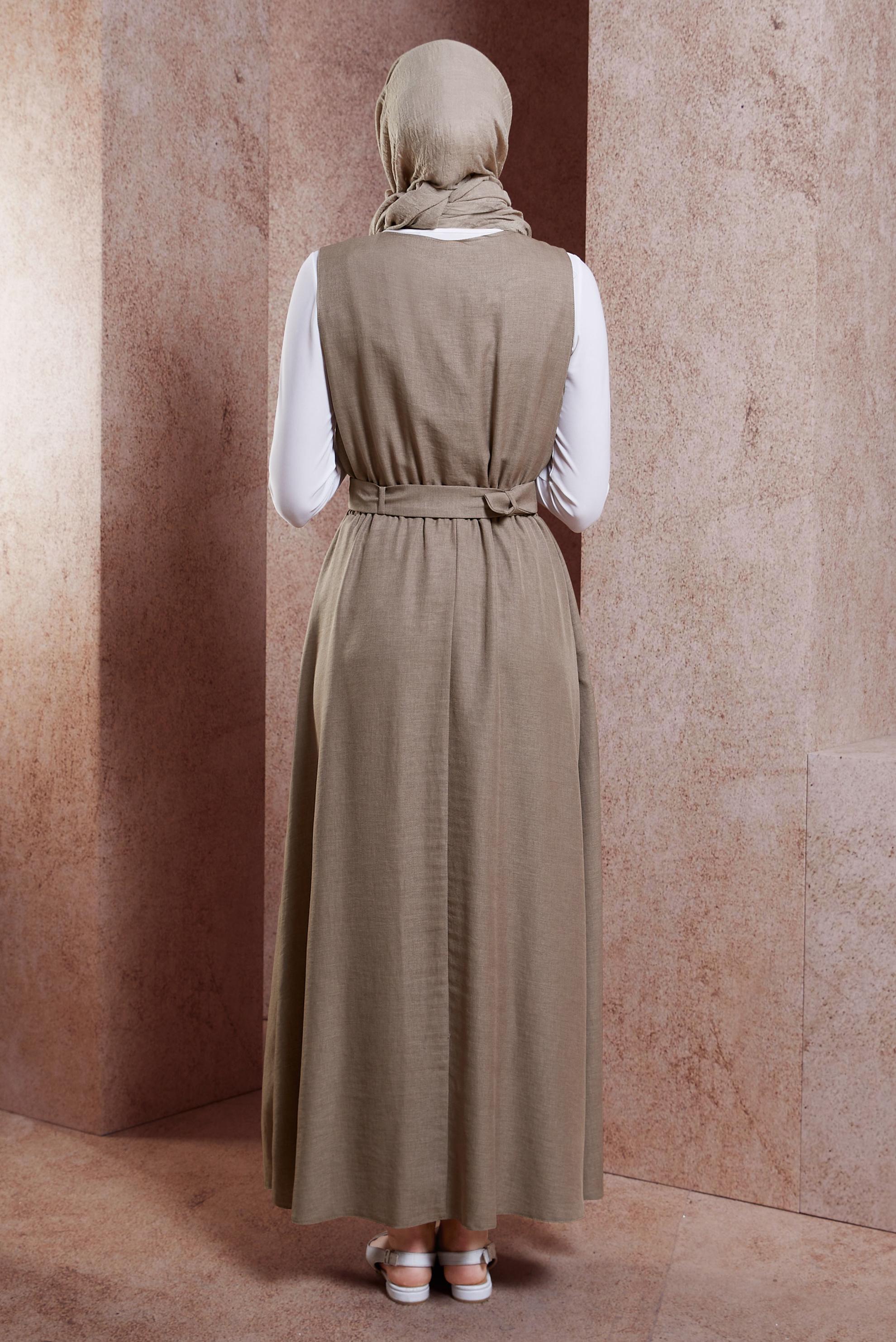 Tesettür giyim VİZON KEMERLİ JİLE ELBİSE 44668