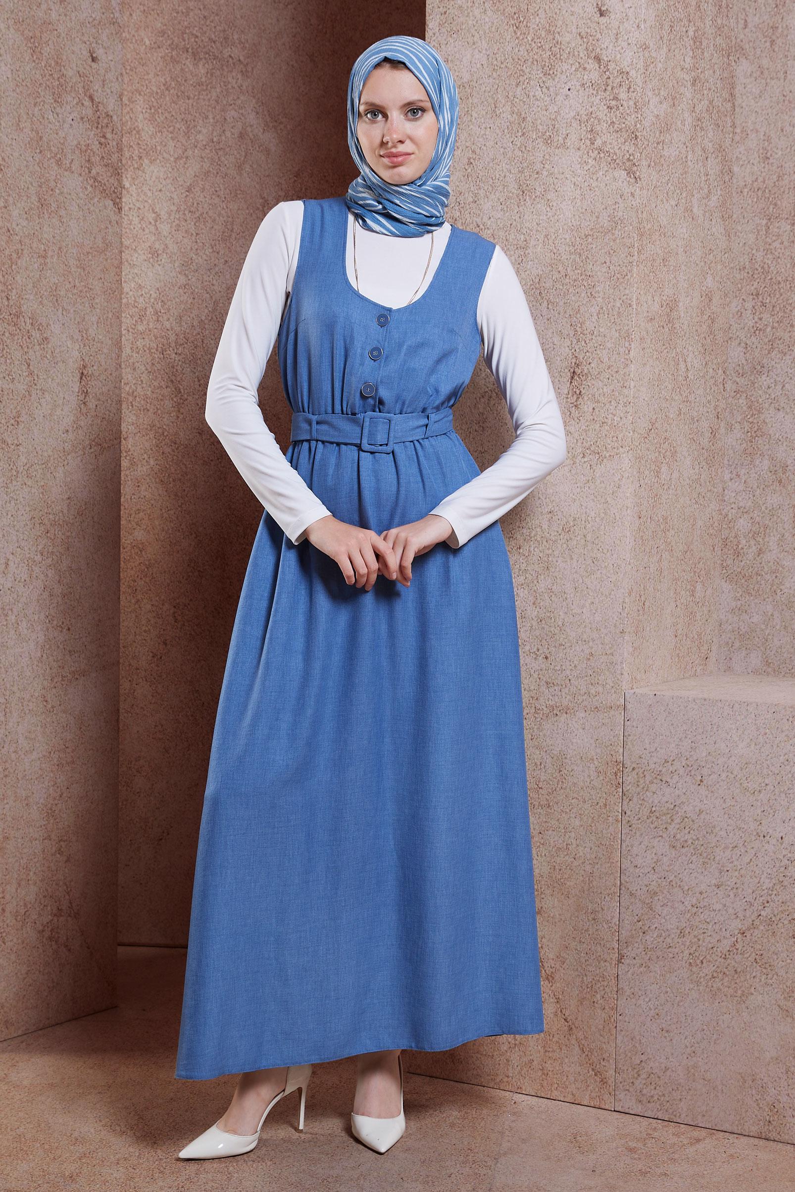 Tesettür giyim LACİVERT KEMERLİ JİLE ELBİSE 44668