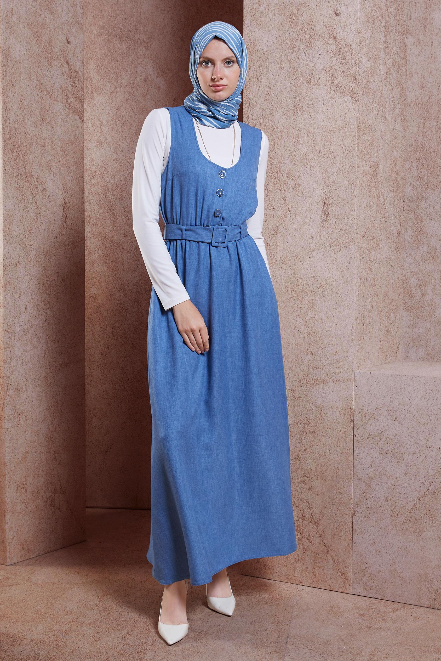 Tesettür giyim LACİVERT KEMERLİ JİLE ELBİSE 44668