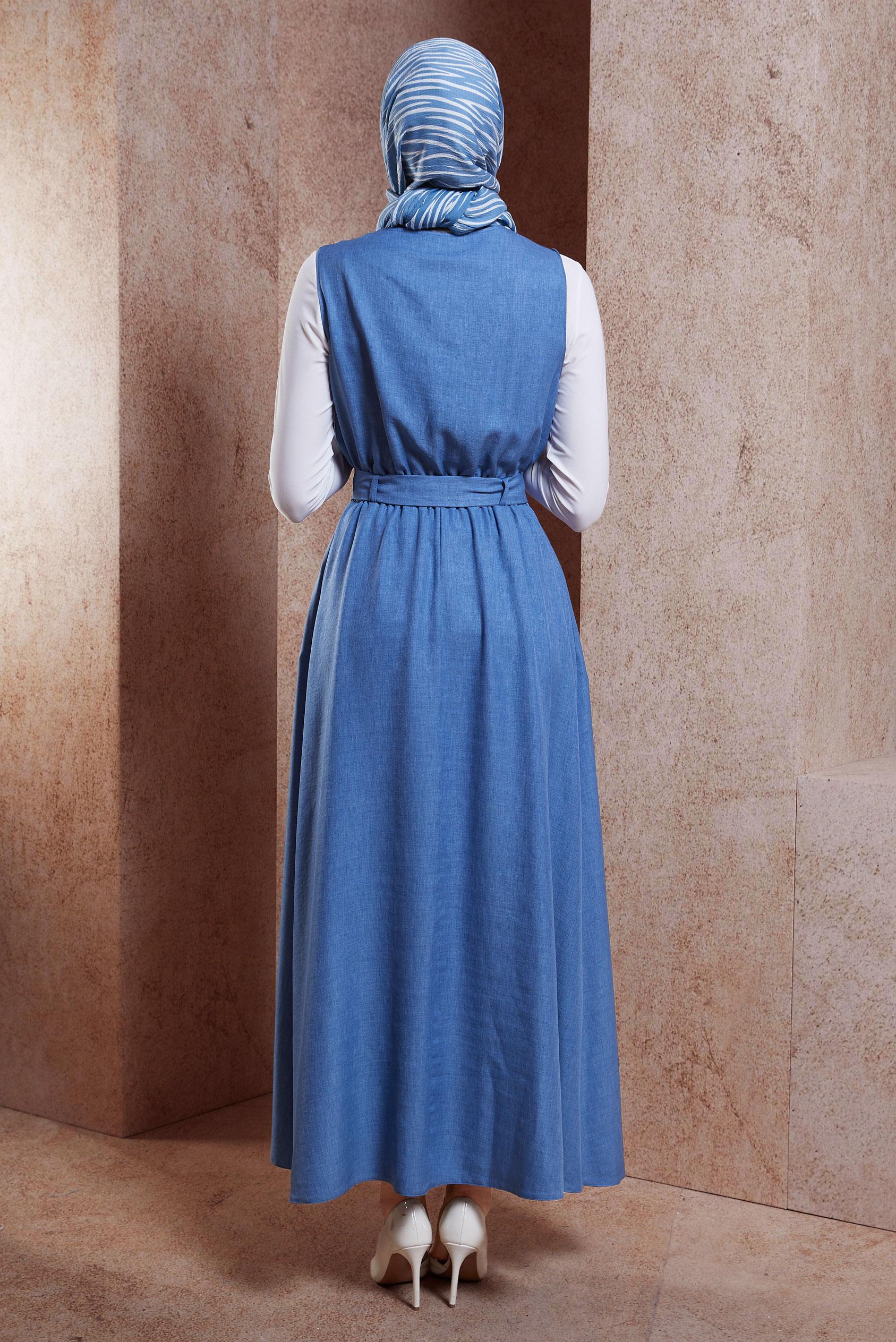 Tesettür giyim LACİVERT KEMERLİ JİLE ELBİSE 44668