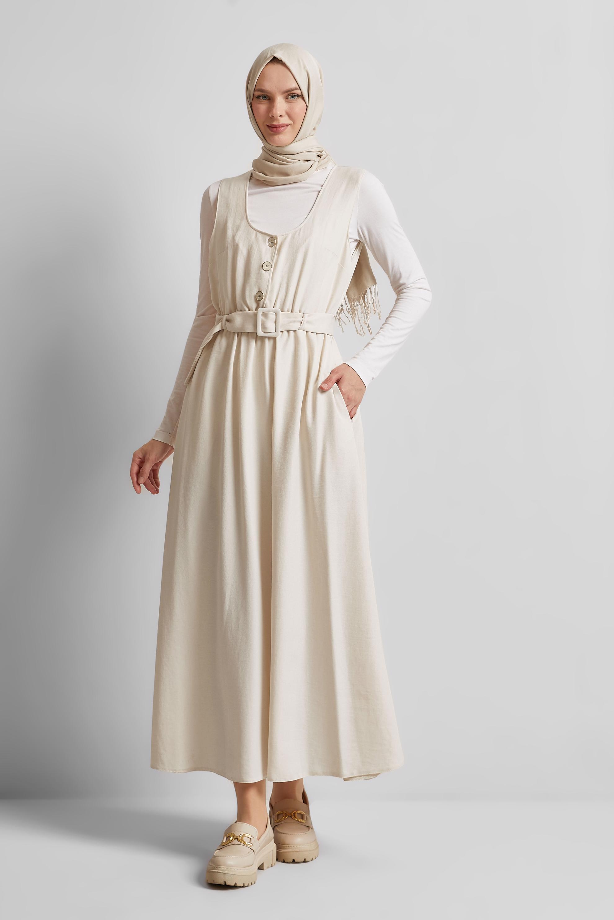 Tesettür giyim EKRU KEMERLİ JİLE ELBİSE 44668
