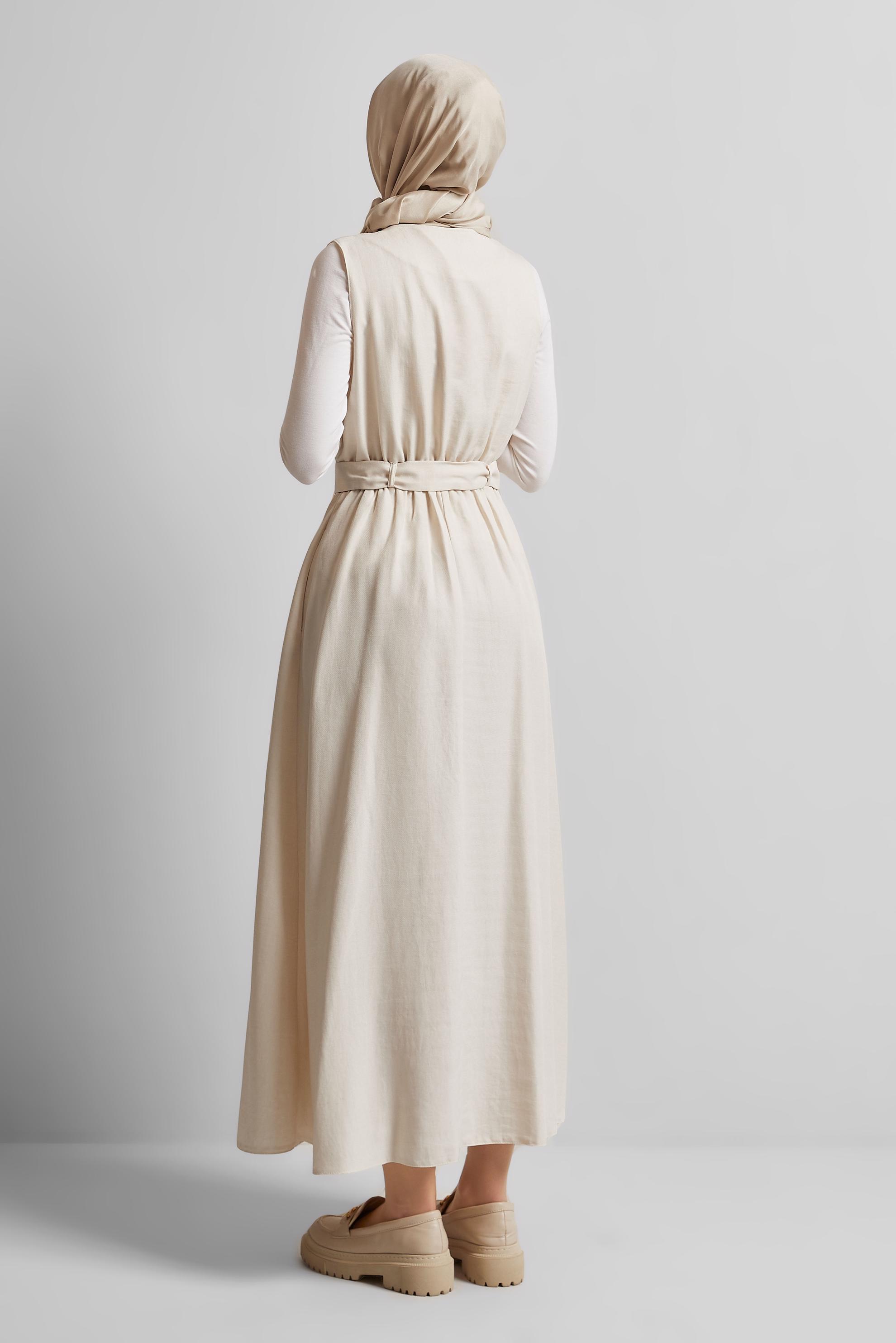 Tesettür giyim EKRU KEMERLİ JİLE ELBİSE 44668