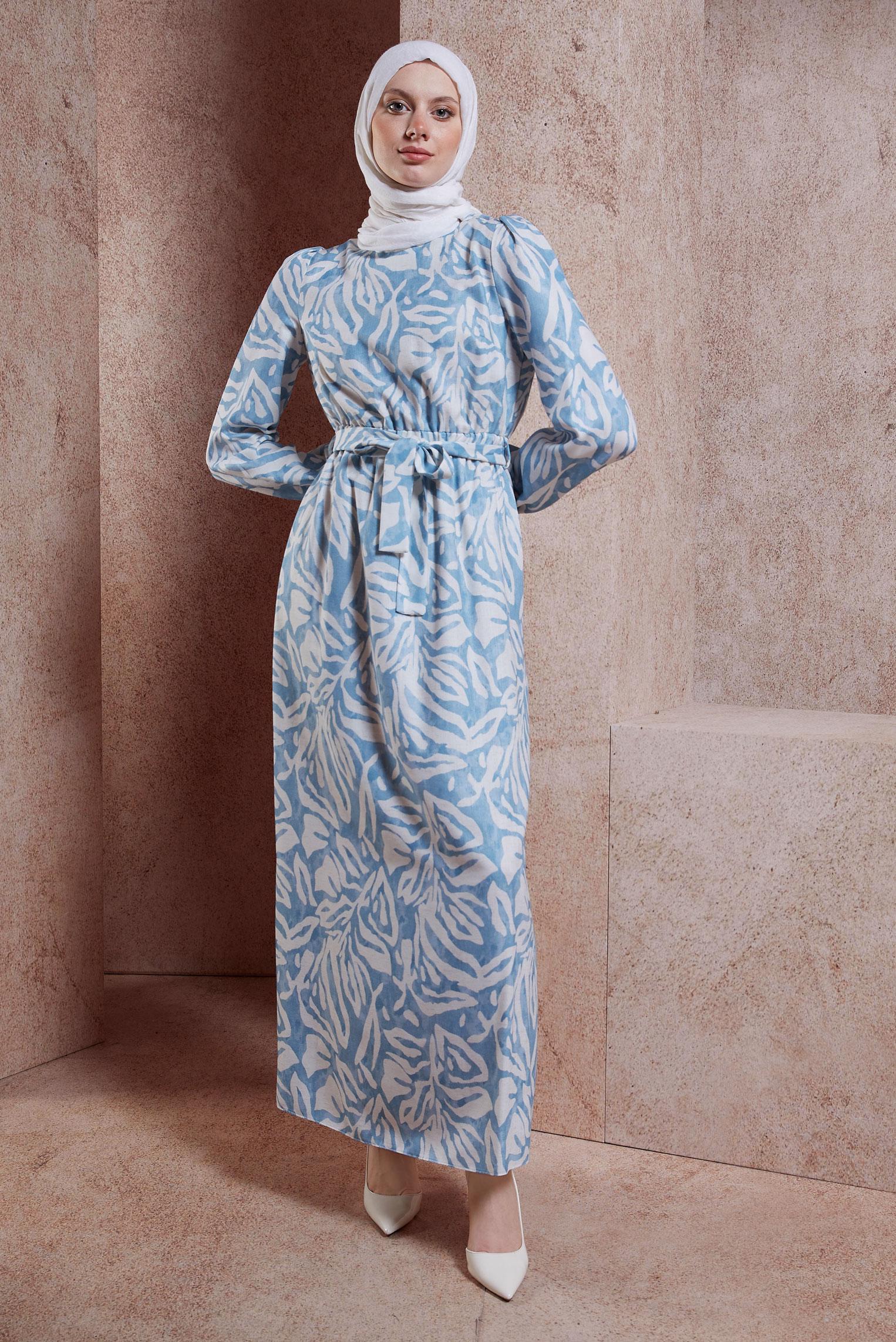 Tesettür giyim MAVİ KUŞAKLI TESETTÜR ELBİSE 44669