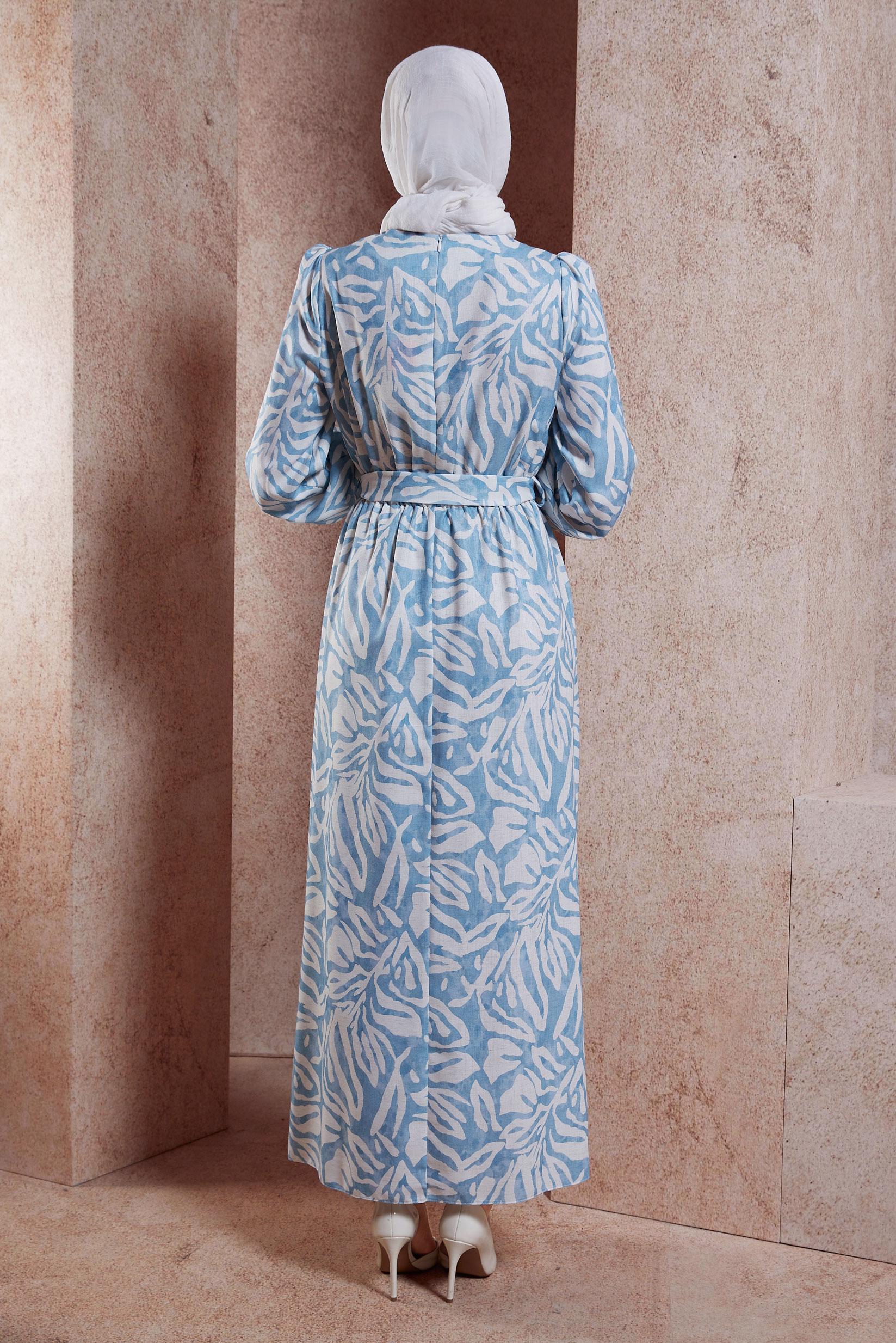 Tesettür giyim MAVİ KUŞAKLI TESETTÜR ELBİSE 44669