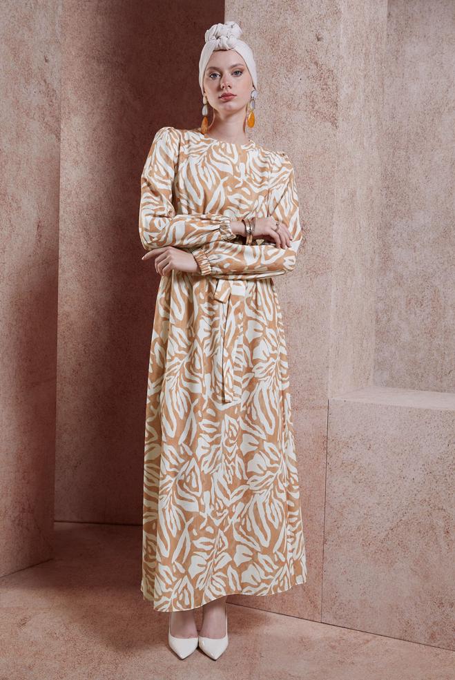 Tesettür giyim TURUNCU KUŞAKLI TESETTÜR ELBİSE 44669 - ALVİNA