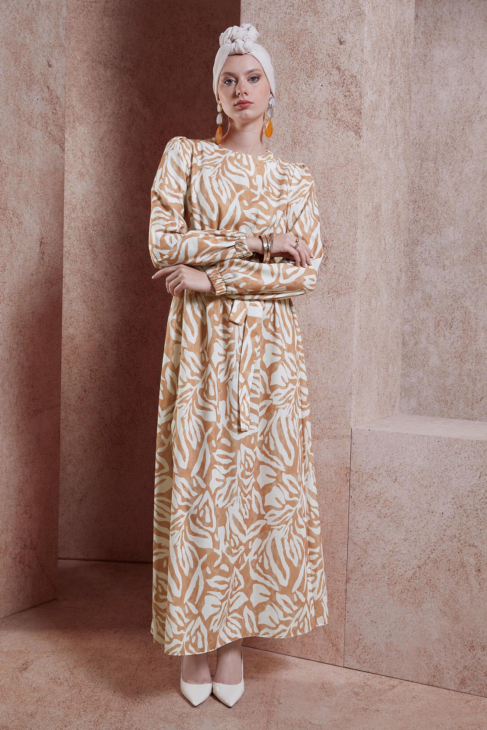 Tesettür giyim TURUNCU KUŞAKLI TESETTÜR ELBİSE 44669