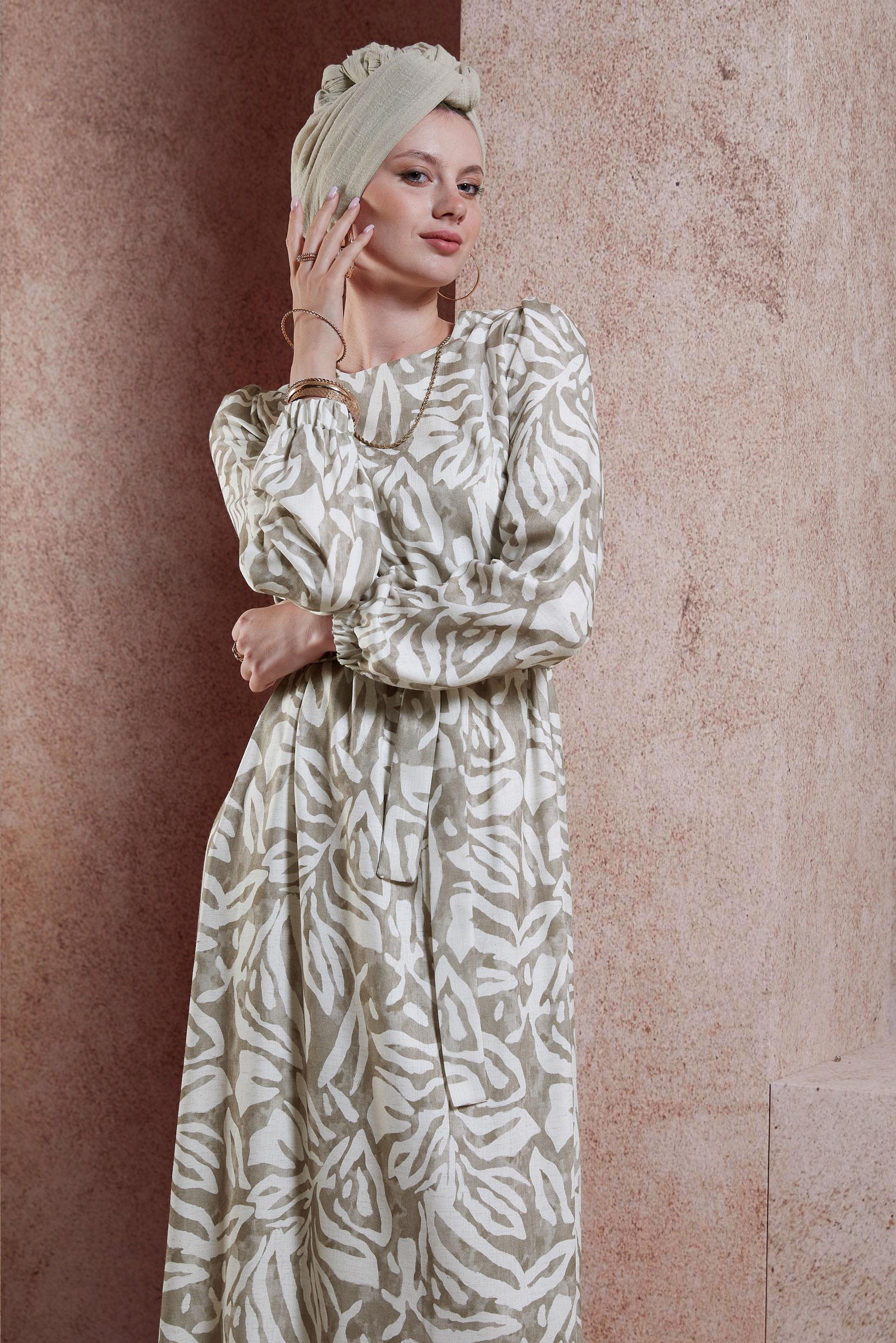 Tesettür giyim VİZON KUŞAKLI TESETTÜR ELBİSE 44669