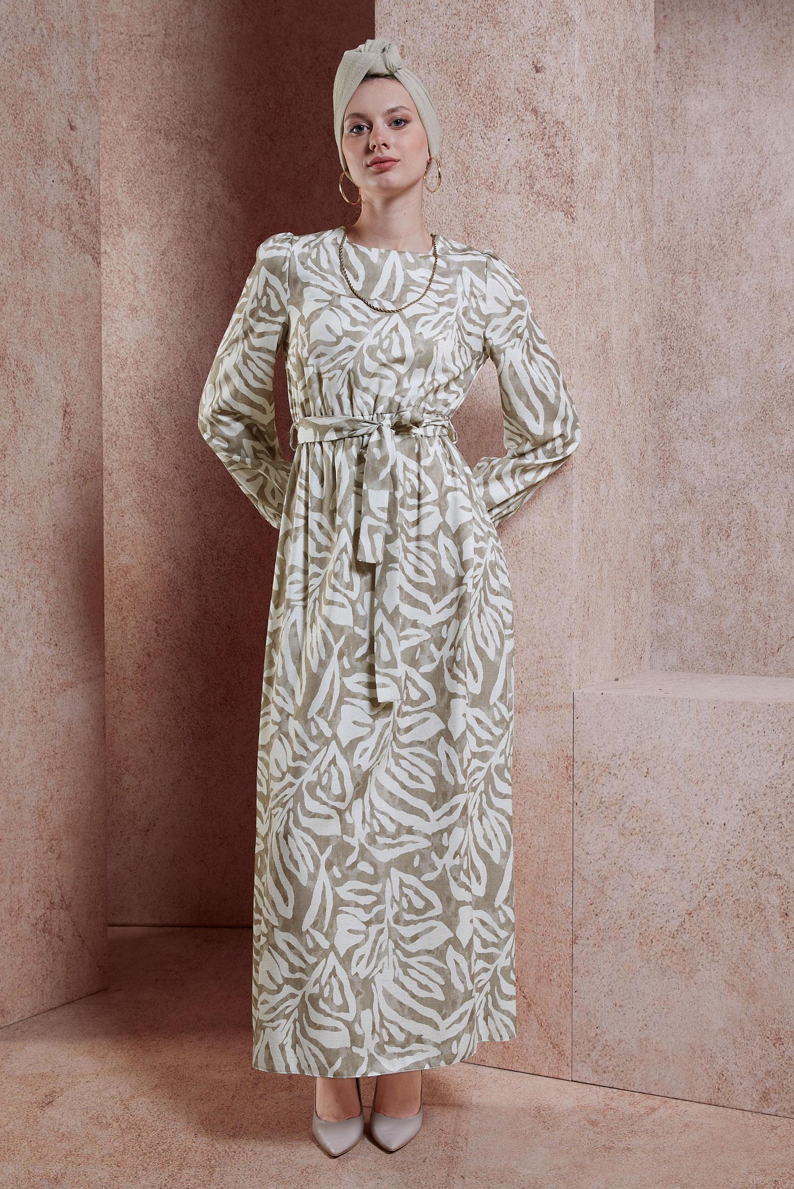 Tesettür giyim VİZON KUŞAKLI TESETTÜR ELBİSE 44669