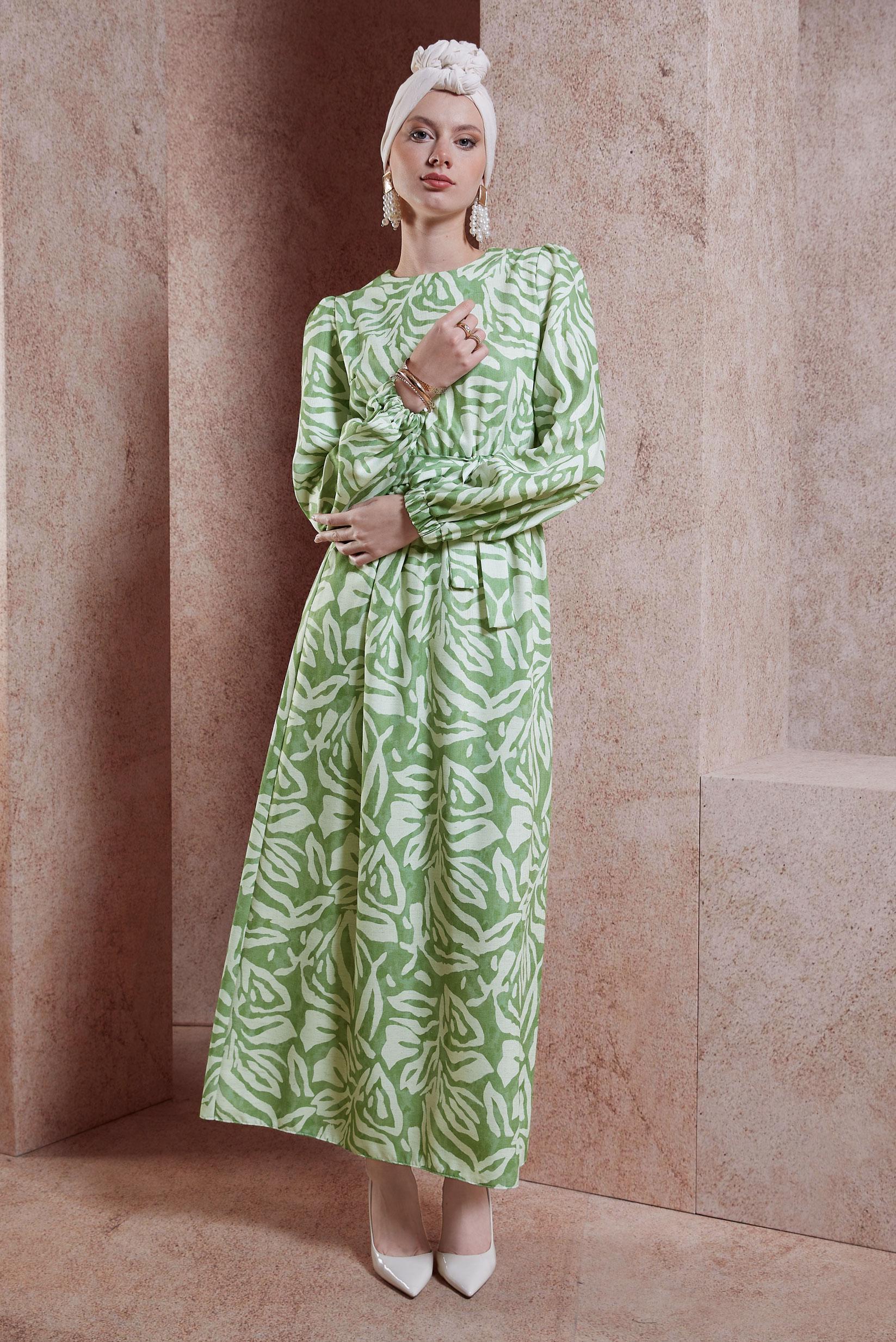 Tesettür giyim YEŞİL KUŞAKLI TESETTÜR ELBİSE 44669