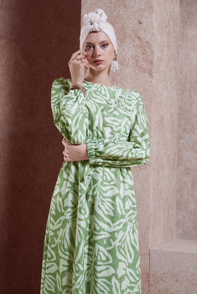 Tesettür giyim YEŞİL KUŞAKLI TESETTÜR ELBİSE 44669 - ALVİNA