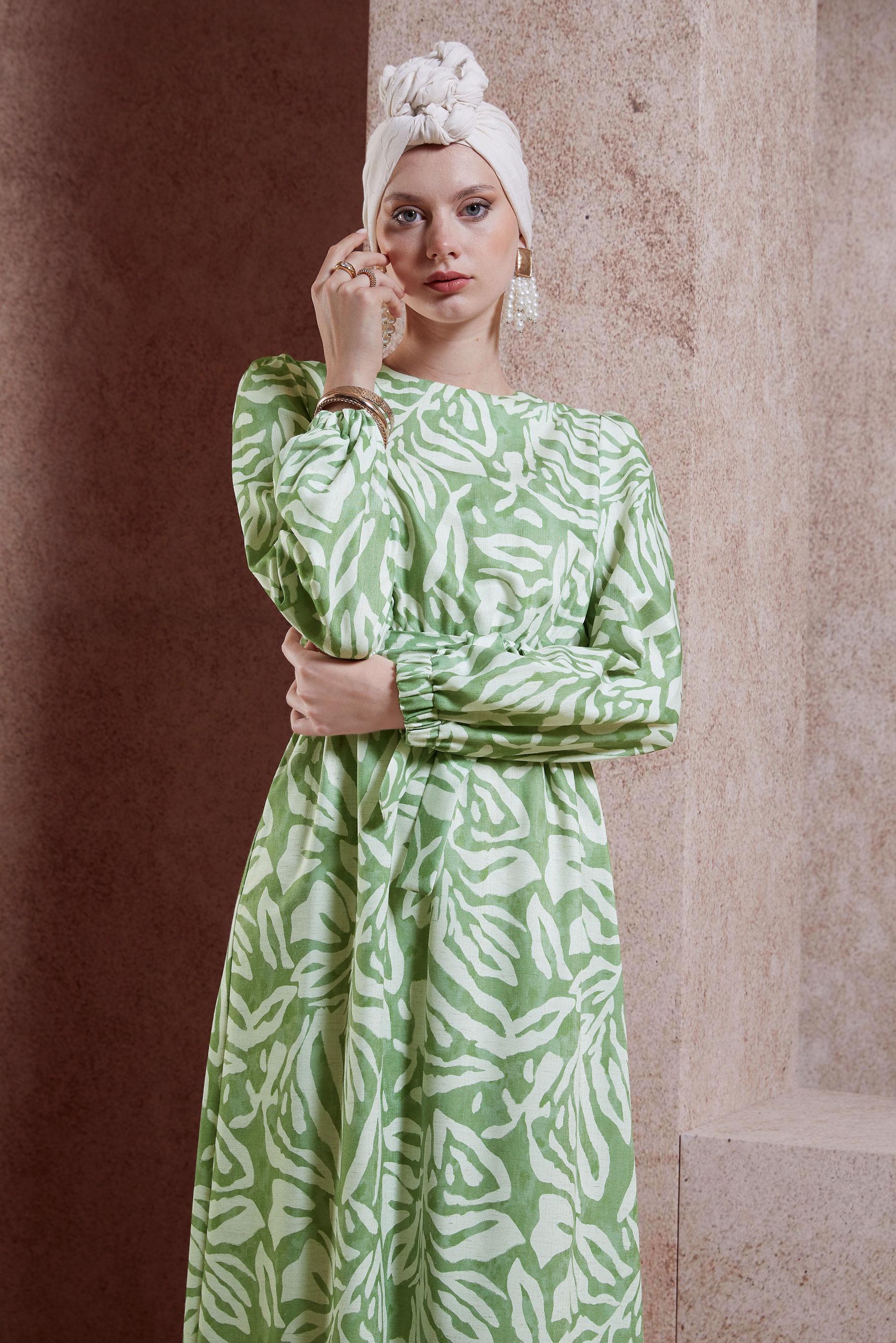 Tesettür giyim YEŞİL KUŞAKLI TESETTÜR ELBİSE 44669