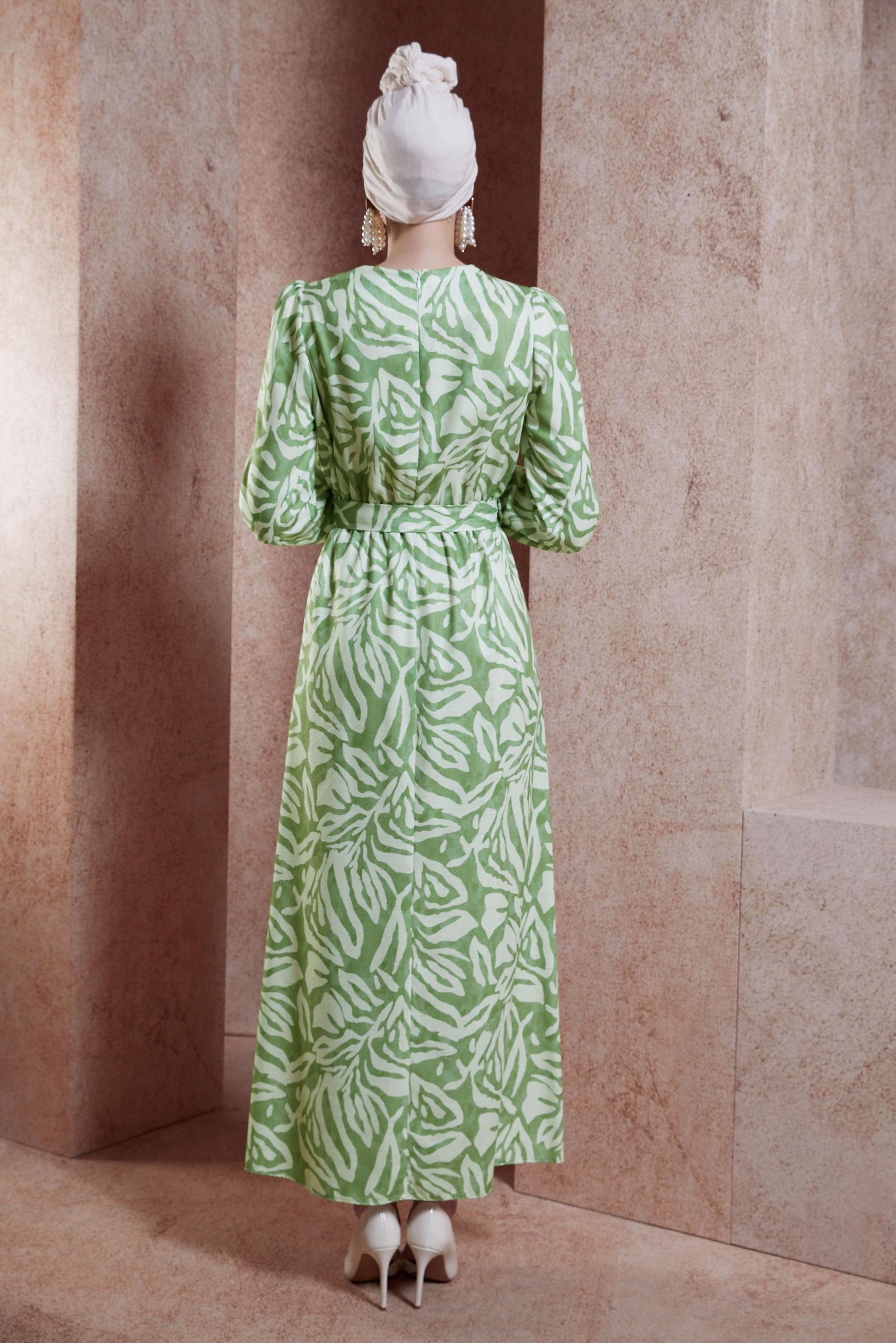 Tesettür giyim YEŞİL KUŞAKLI TESETTÜR ELBİSE 44669