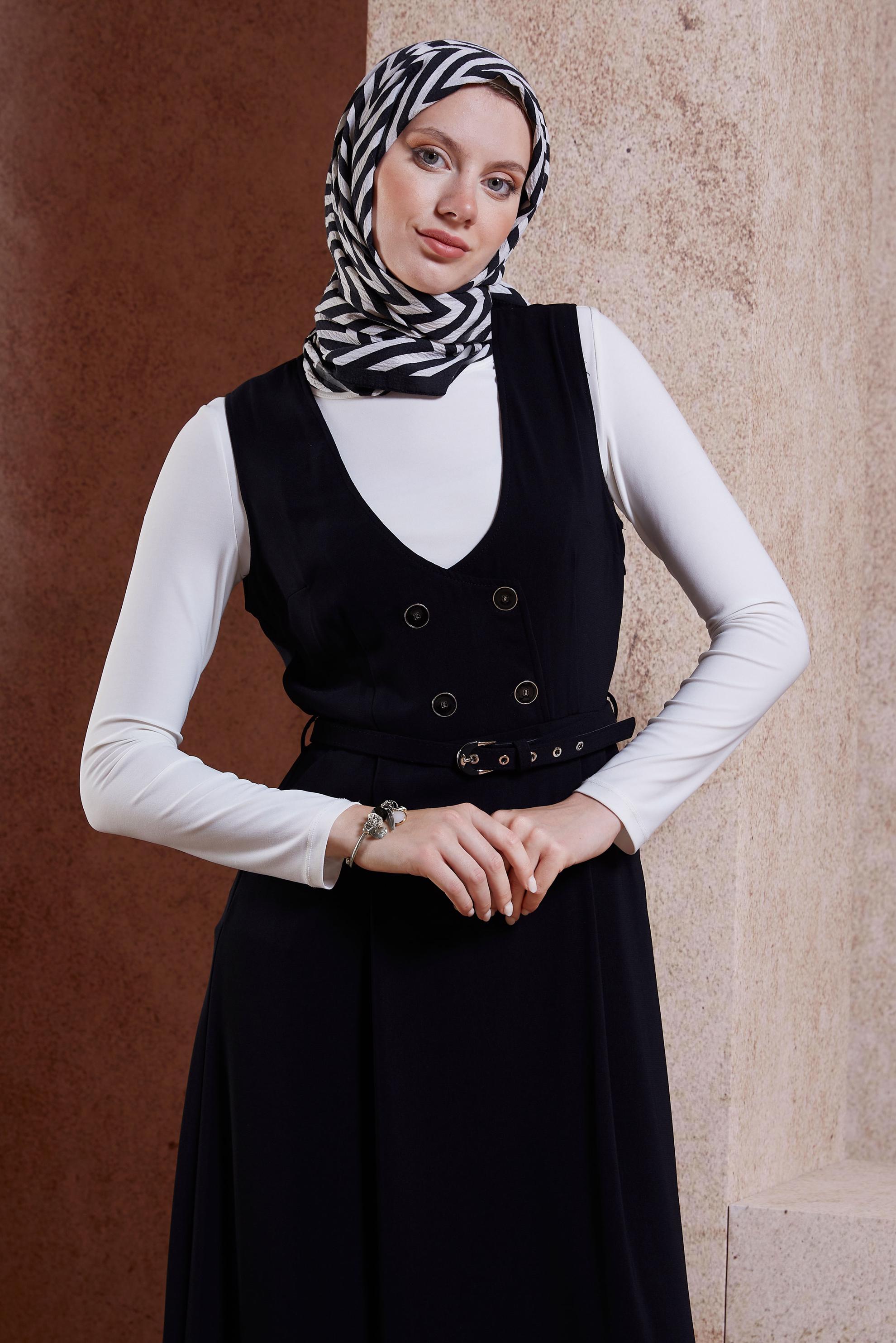 Tesettür giyim SİYAH KEMERLİ JİLE ELBİSE 44692