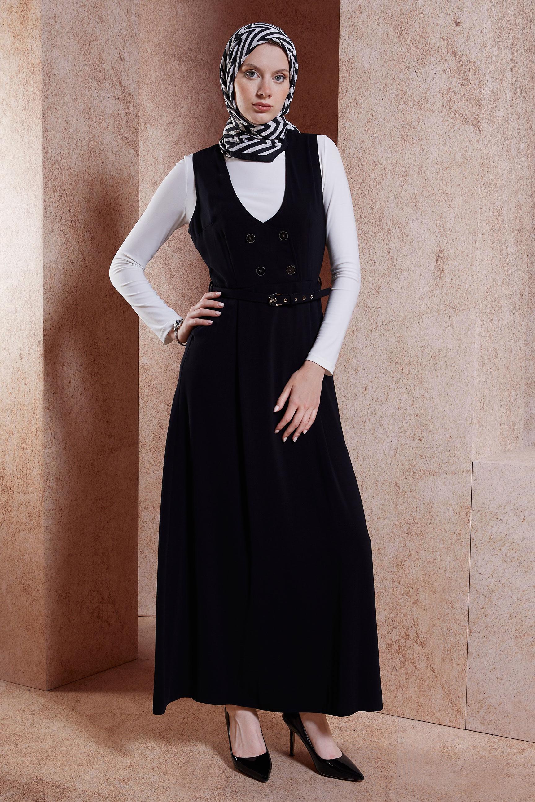 Tesettür giyim SİYAH KEMERLİ JİLE ELBİSE 44692