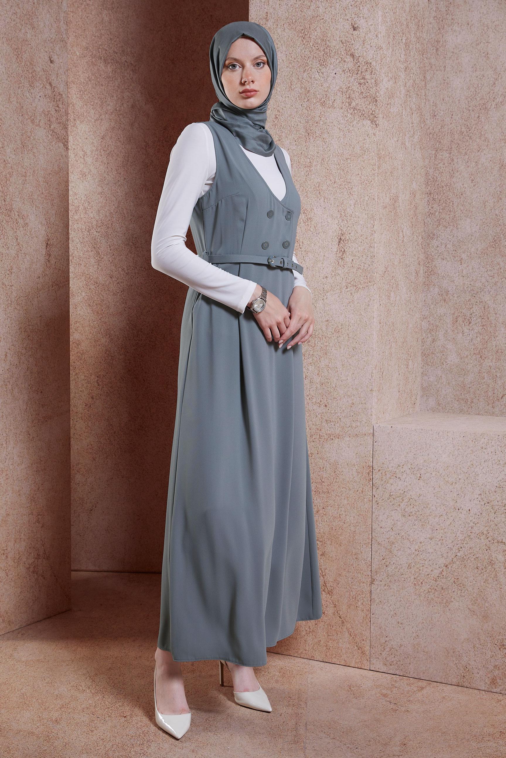 Tesettür giyim GRİ KEMERLİ JİLE ELBİSE 44692