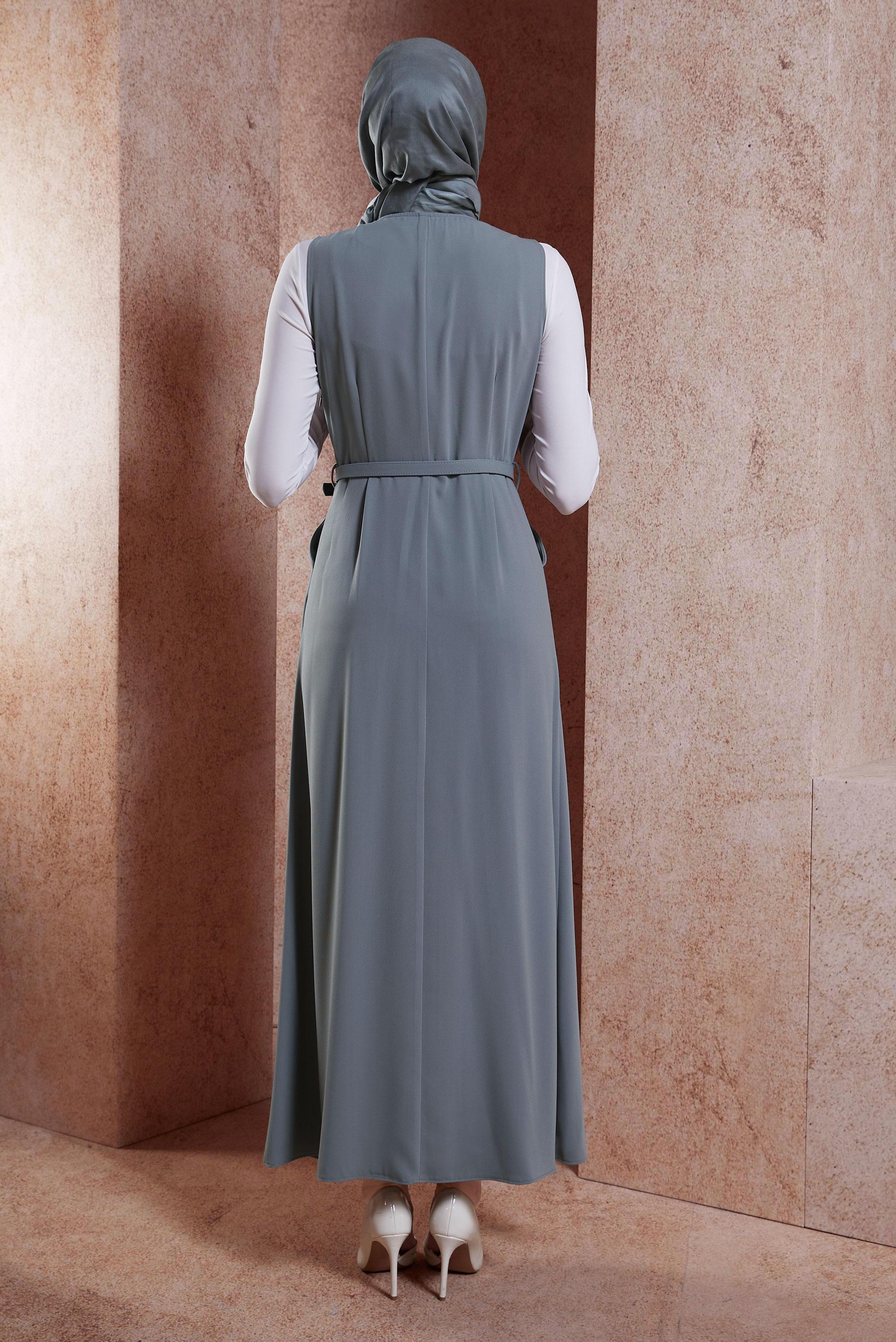 Tesettür giyim GRİ KEMERLİ JİLE ELBİSE 44692