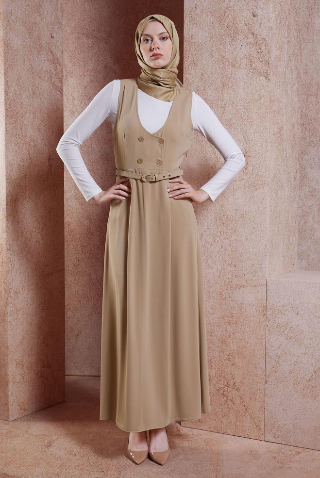 Tesettür giyim KAHVE KEMERLİ JİLE ELBİSE 44692 - ALVİNA