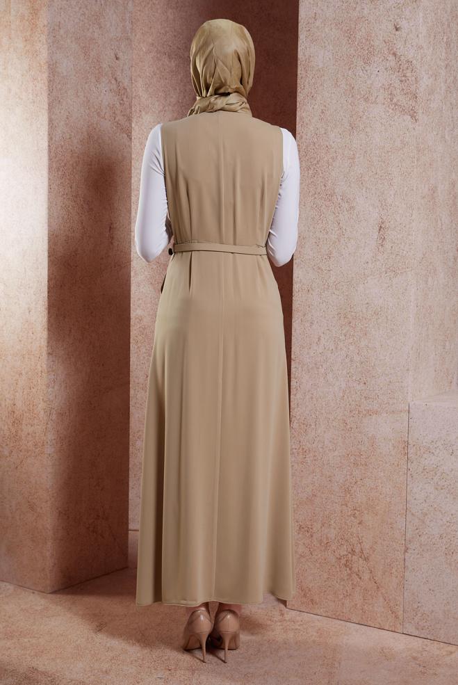 Tesettür giyim KAHVE KEMERLİ JİLE ELBİSE 44692 - ALVİNA