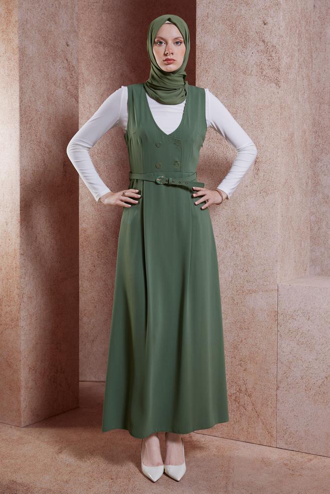 Tesettür giyim HAKİ KEMERLİ JİLE ELBİSE 44692 - ALVİNA