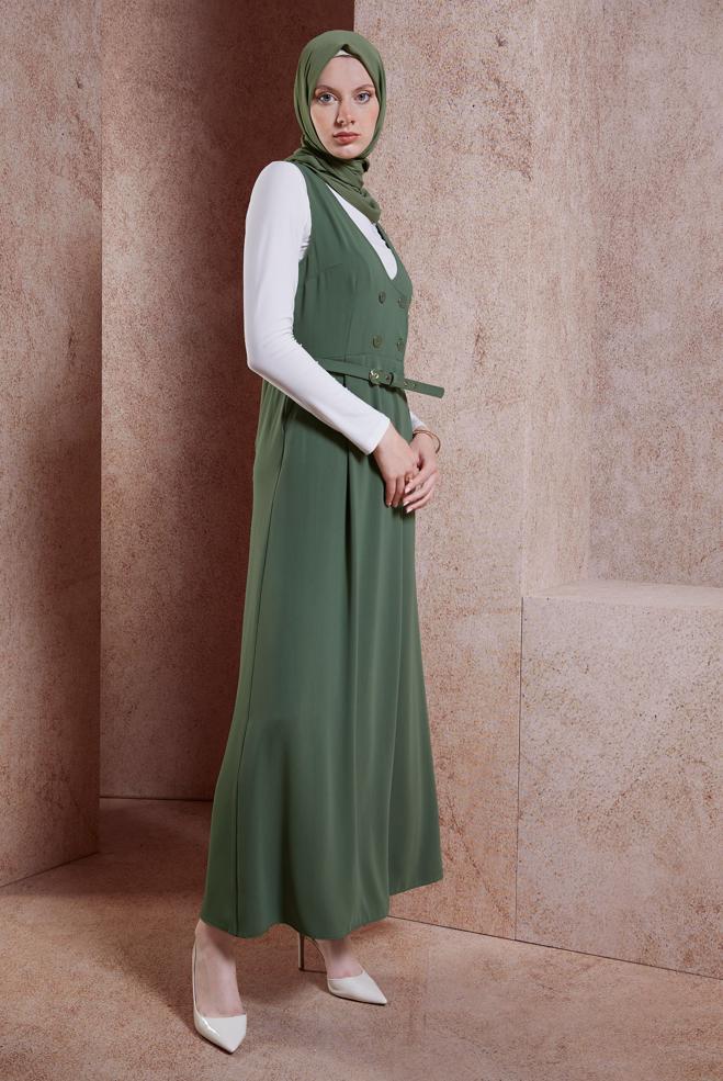 Tesettür giyim HAKİ KEMERLİ JİLE ELBİSE 44692 - ALVİNA