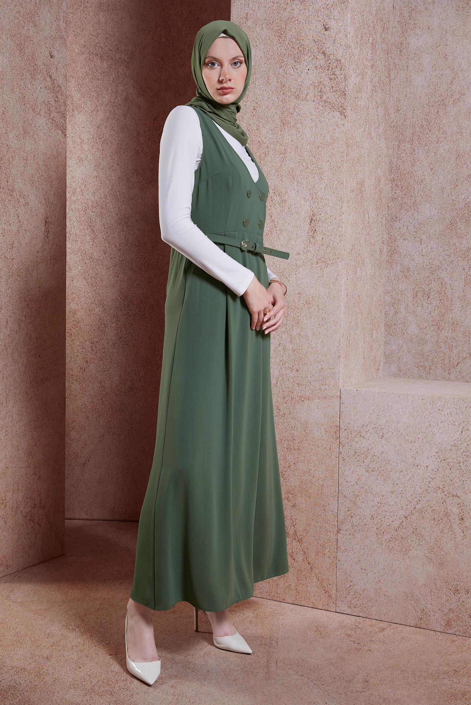 Tesettür giyim HAKİ KEMERLİ JİLE ELBİSE 44692