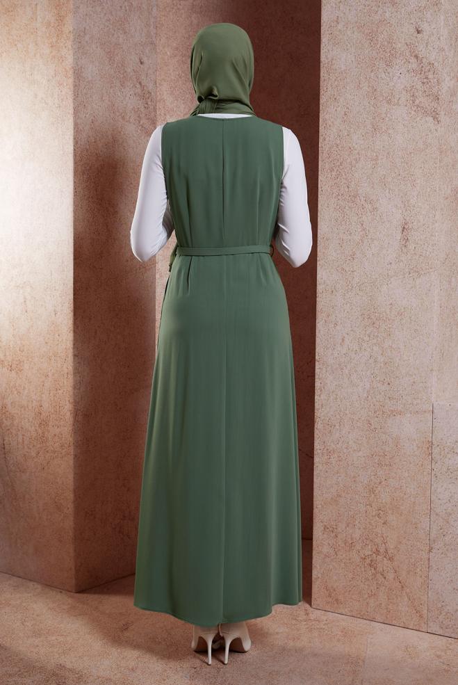 Tesettür giyim HAKİ KEMERLİ JİLE ELBİSE 44692 - ALVİNA