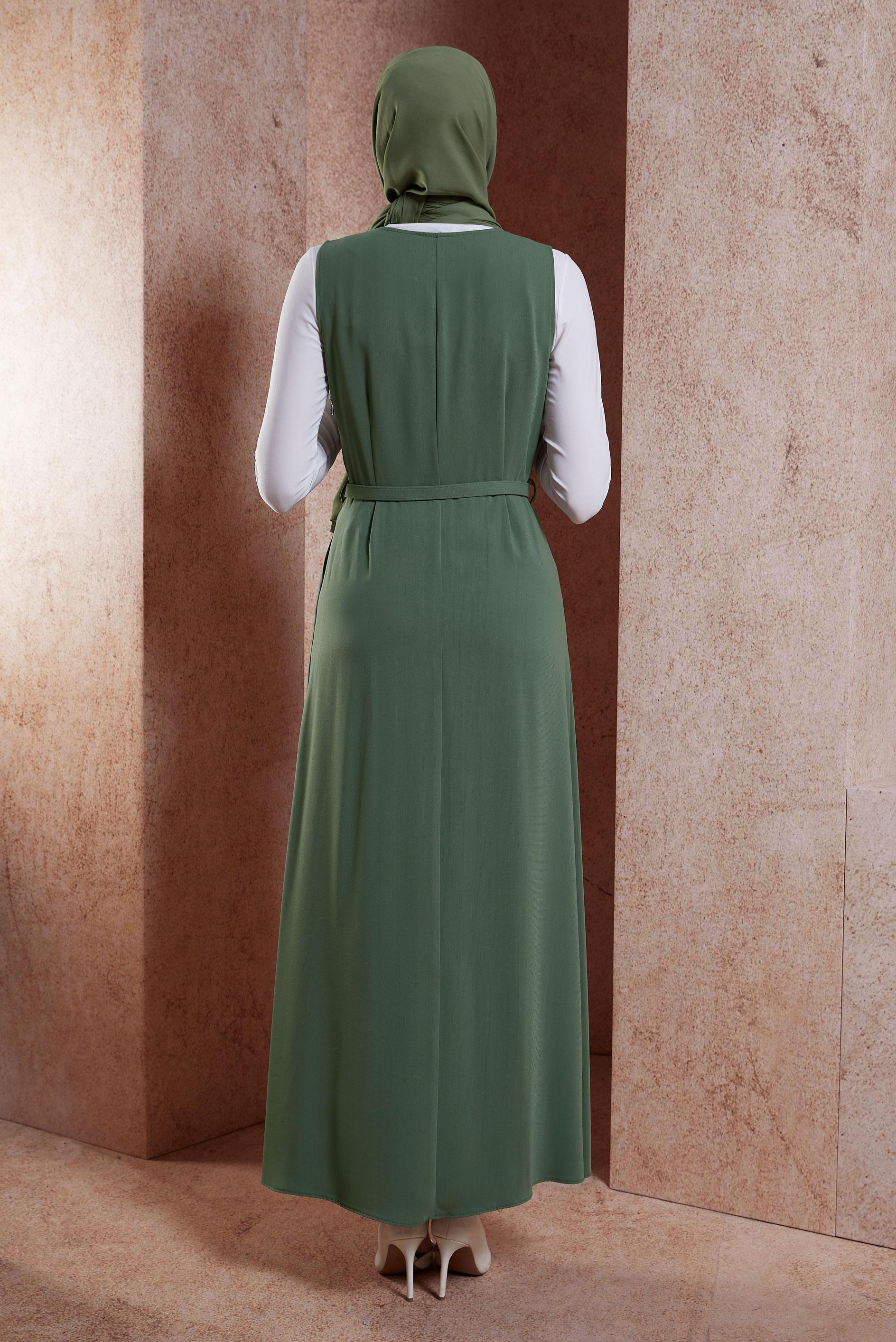 Tesettür giyim HAKİ KEMERLİ JİLE ELBİSE 44692