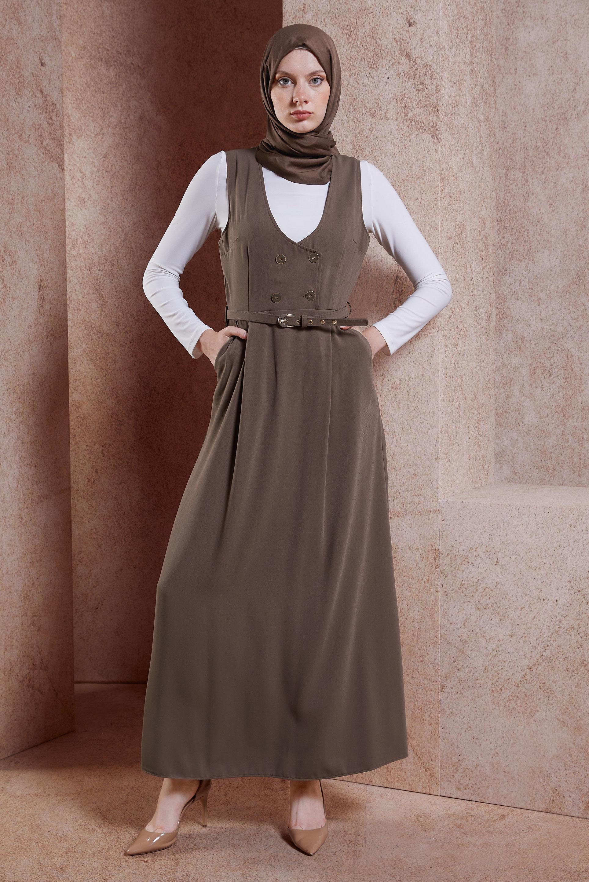 Tesettür giyim VİZON KEMERLİ JİLE ELBİSE 44692