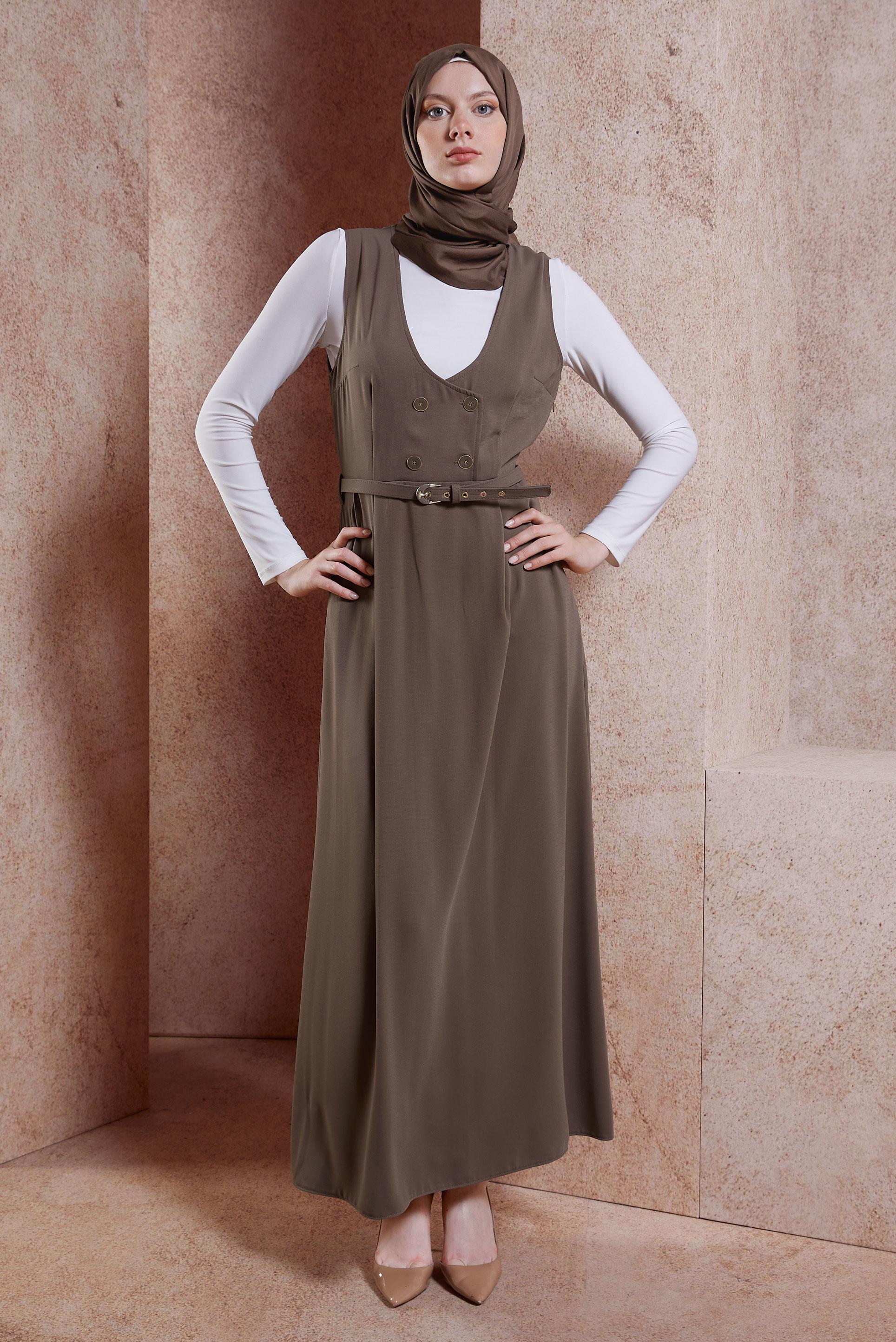 Tesettür giyim VİZON KEMERLİ JİLE ELBİSE 44692