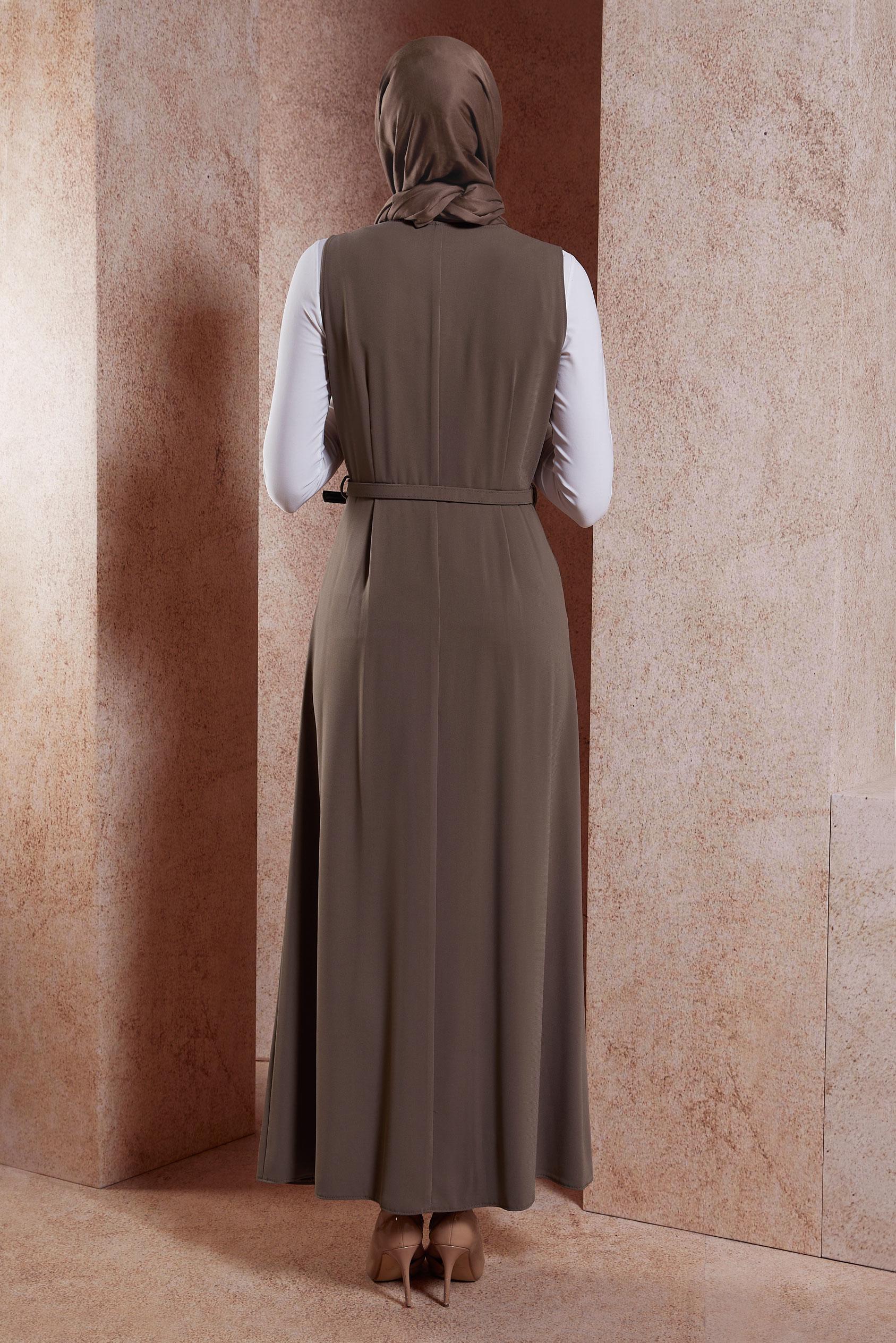 Tesettür giyim VİZON KEMERLİ JİLE ELBİSE 44692