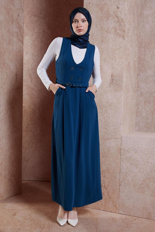 Tesettür giyim LACİVERT KEMERLİ JİLE ELBİSE 44692 - ALVİNA