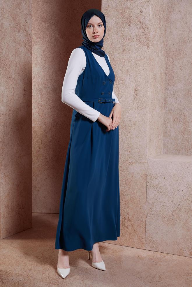 Tesettür giyim LACİVERT KEMERLİ JİLE ELBİSE 44692 - ALVİNA