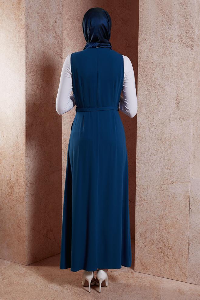 Tesettür giyim LACİVERT KEMERLİ JİLE ELBİSE 44692 - ALVİNA