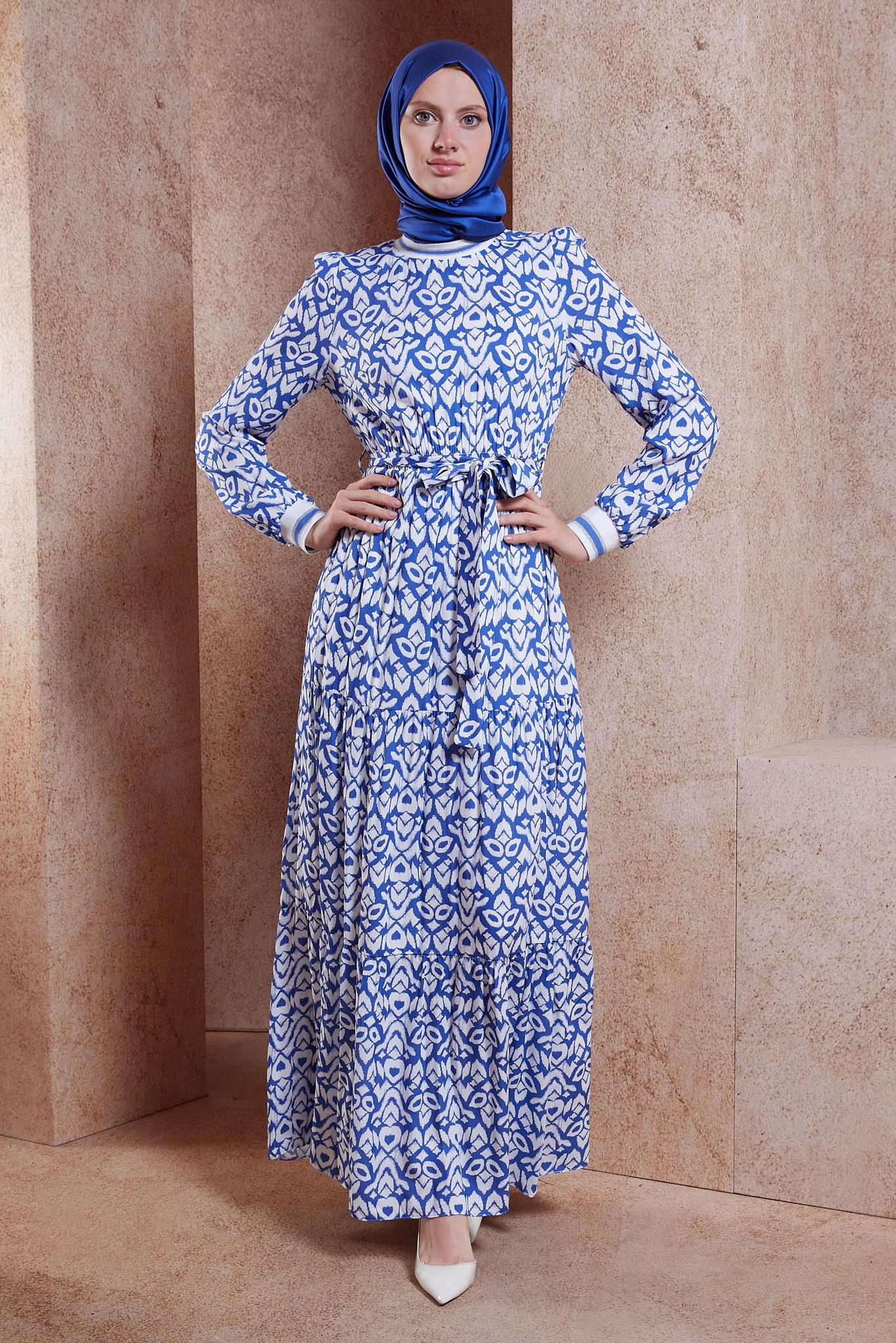 Tesettür giyim LACİVERT KUŞAKLI DESENLİ ELBİSE 44696