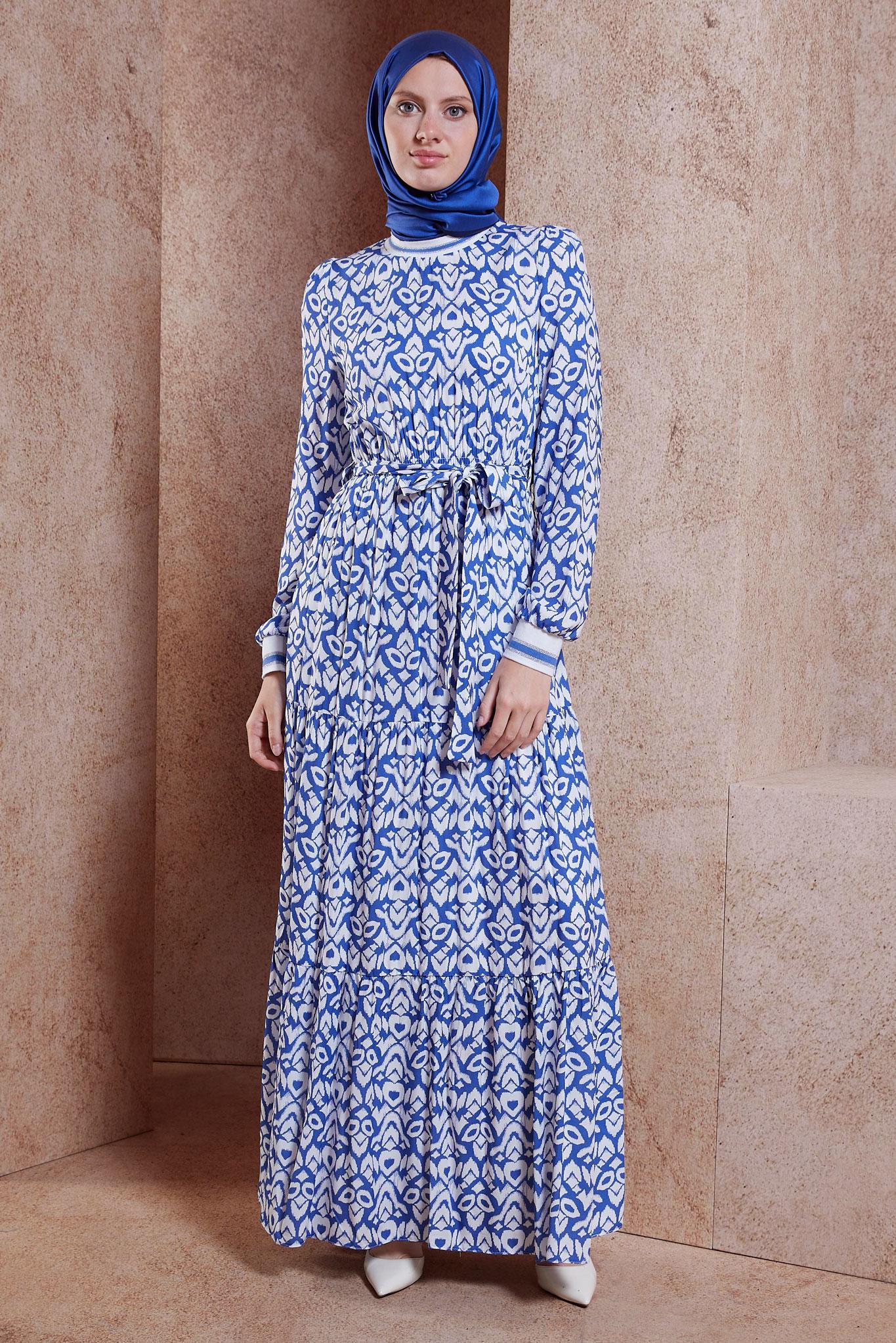 Tesettür giyim LACİVERT KUŞAKLI DESENLİ ELBİSE 44696