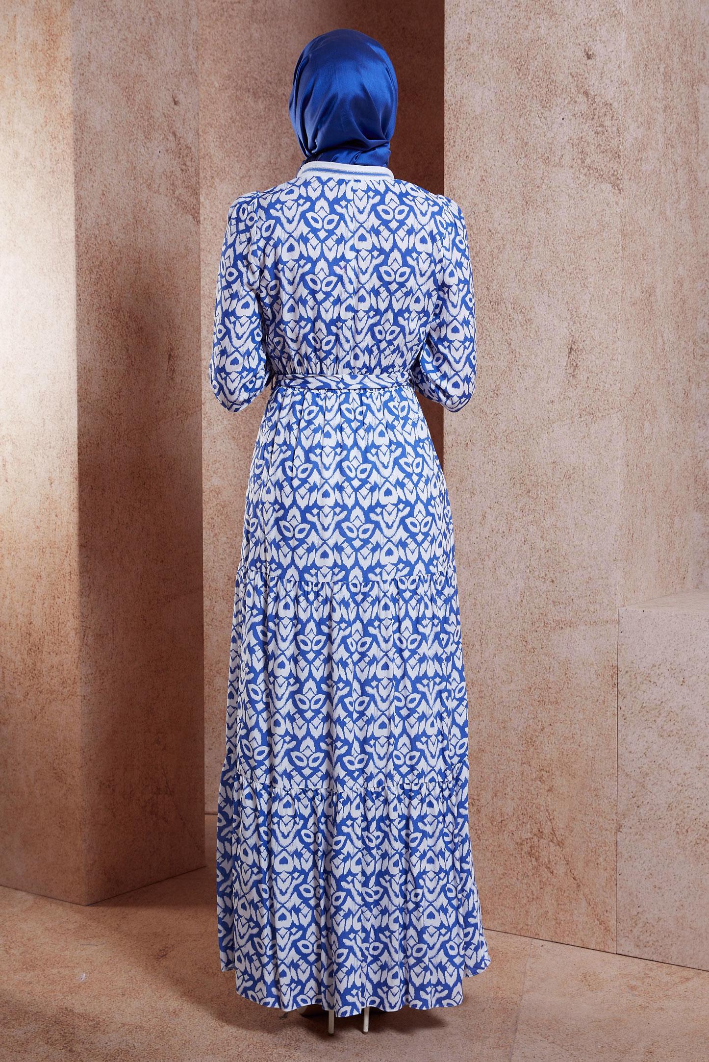 Tesettür giyim LACİVERT KUŞAKLI DESENLİ ELBİSE 44696