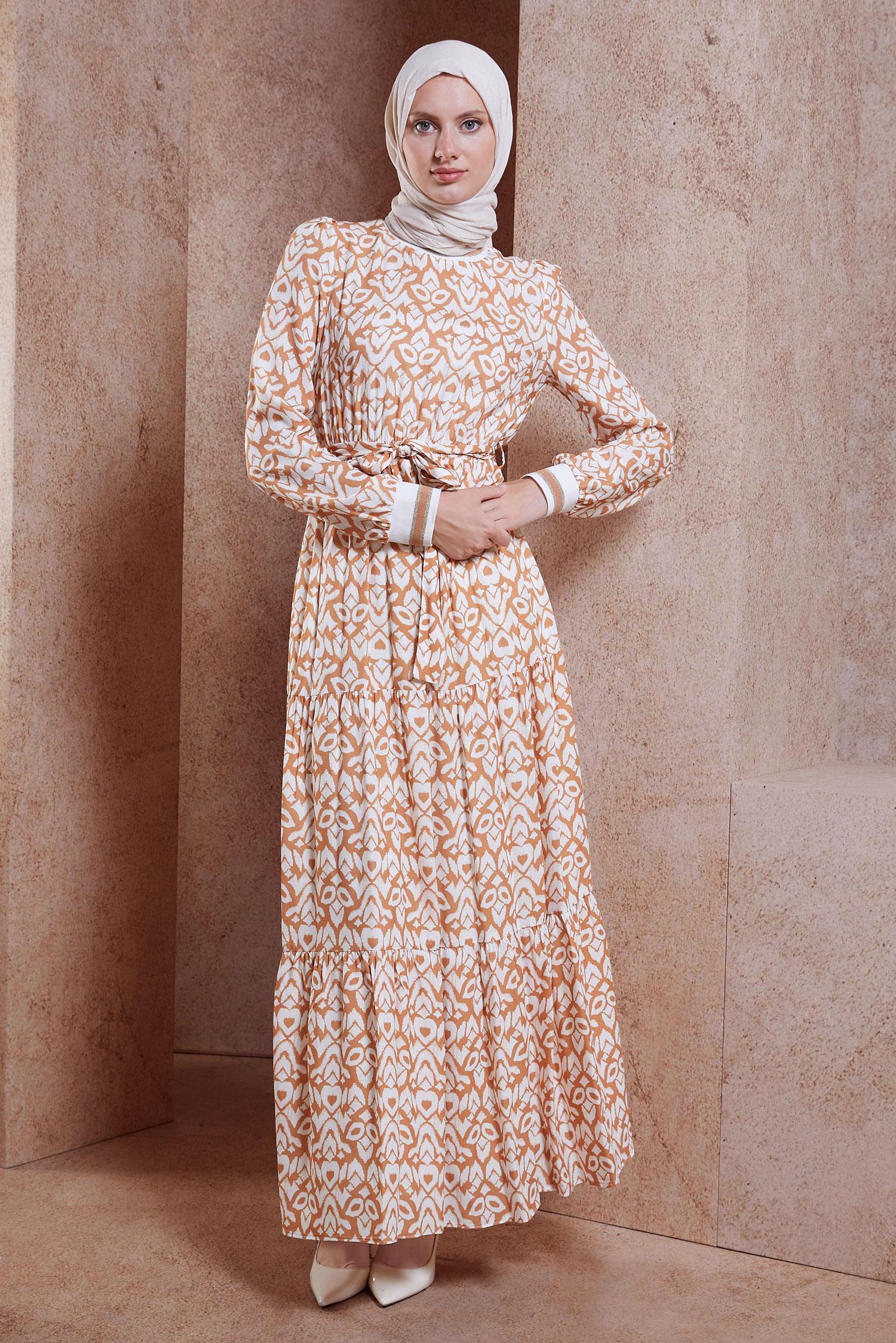 Tesettür giyim KAHVE KUŞAKLI DESENLİ ELBİSE 44696