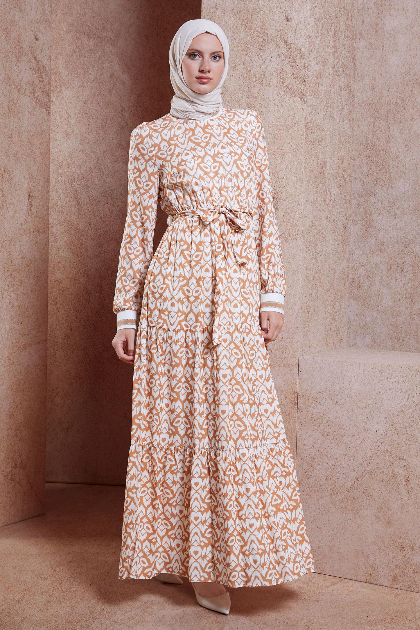 Tesettür giyim KAHVE KUŞAKLI DESENLİ ELBİSE 44696