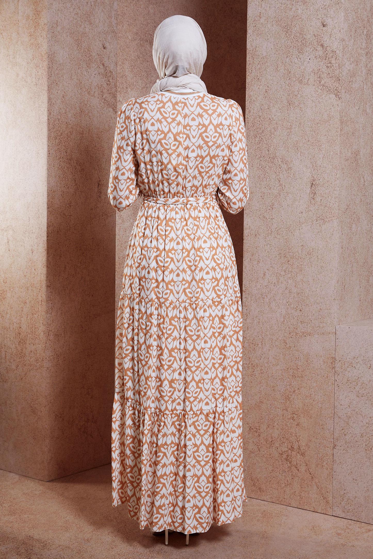 Tesettür giyim KAHVE KUŞAKLI DESENLİ ELBİSE 44696