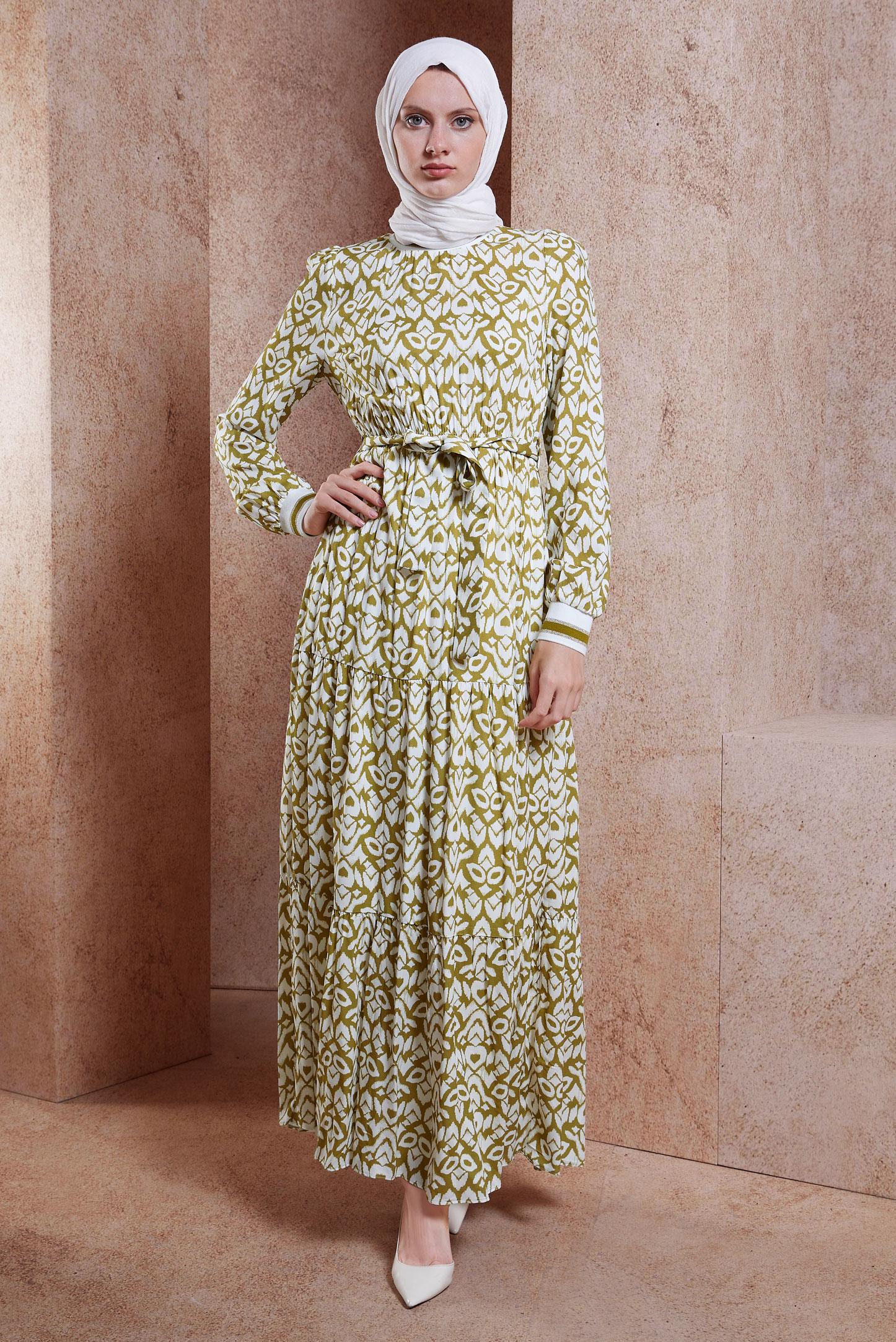 Tesettür giyim YEŞİL KUŞAKLI DESENLİ ELBİSE 44696