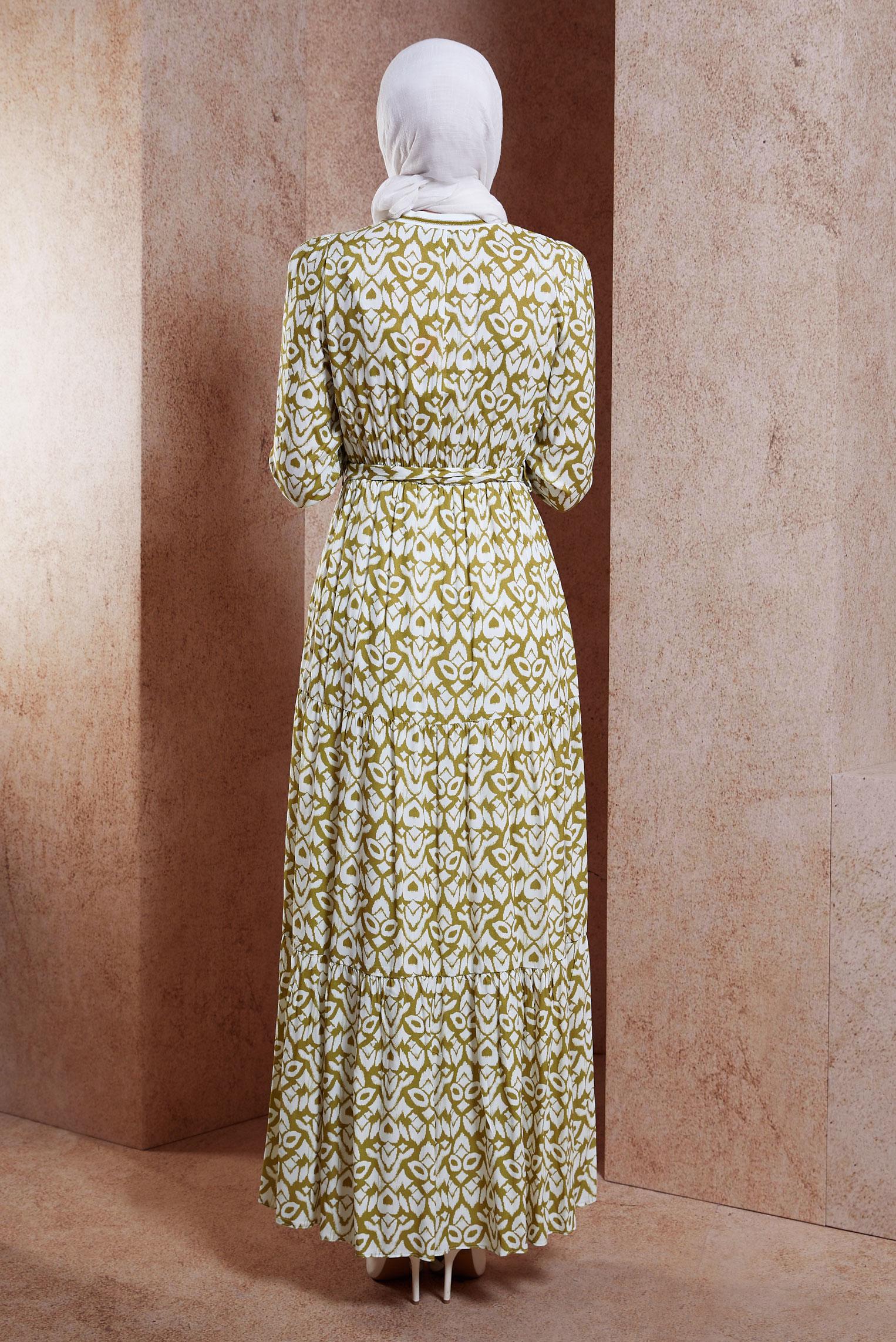 Tesettür giyim YEŞİL KUŞAKLI DESENLİ ELBİSE 44696