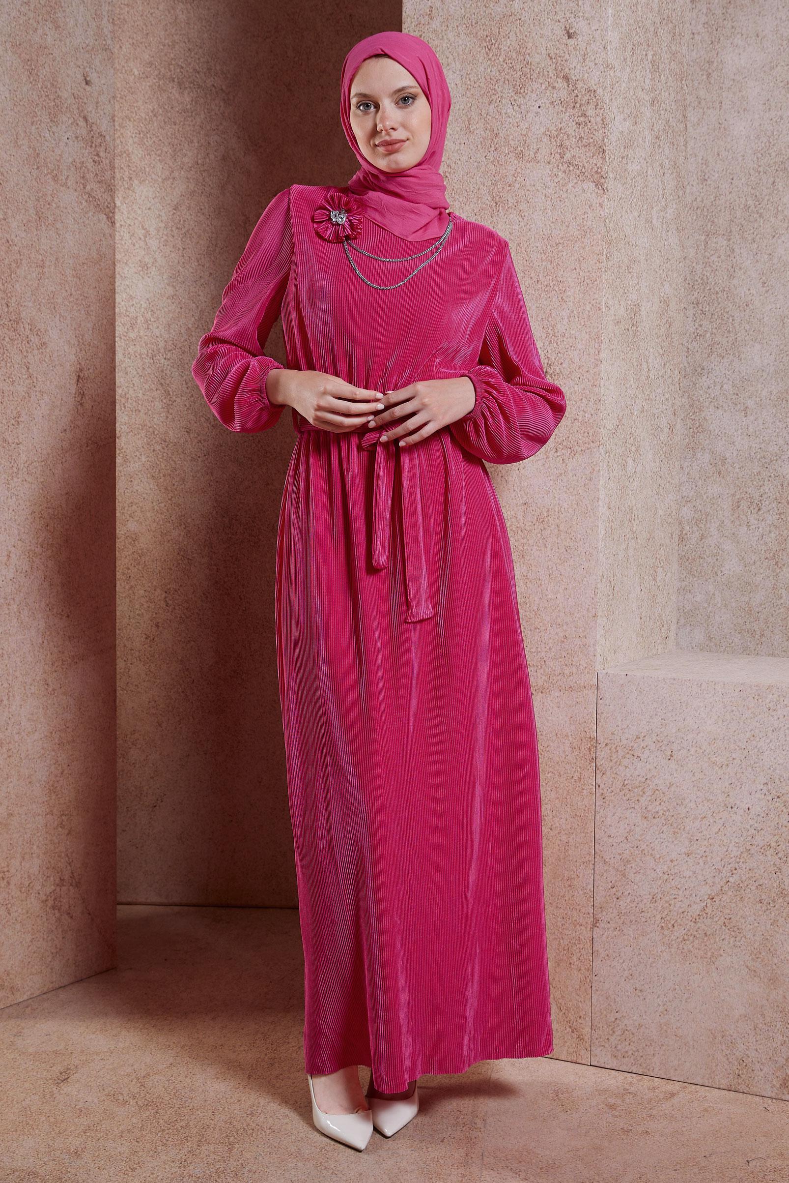 Tesettür giyim FUŞYA KUŞAKLI PİLİSELİ ELBİSE 44697