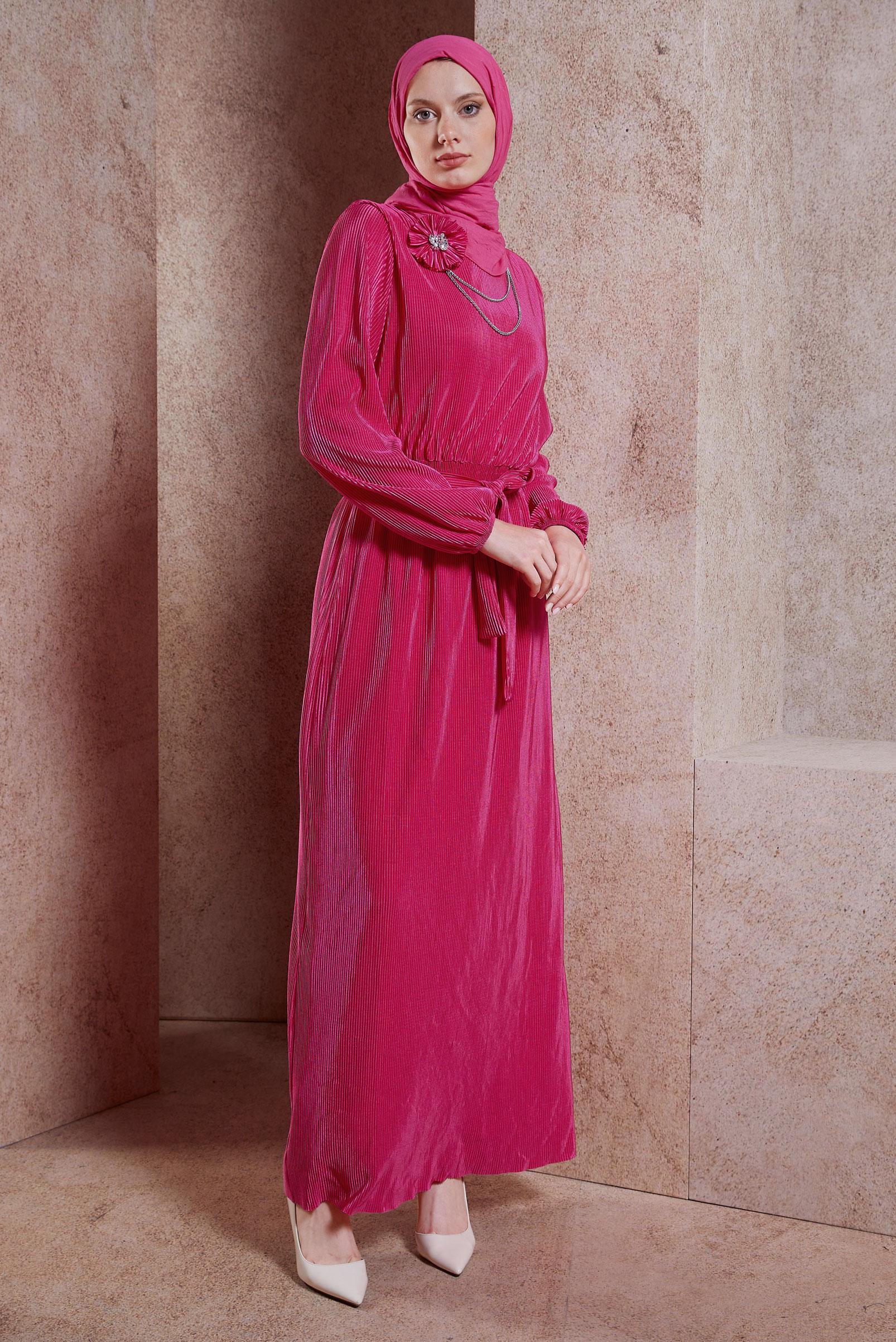 Tesettür giyim FUŞYA KUŞAKLI PİLİSELİ ELBİSE 44697